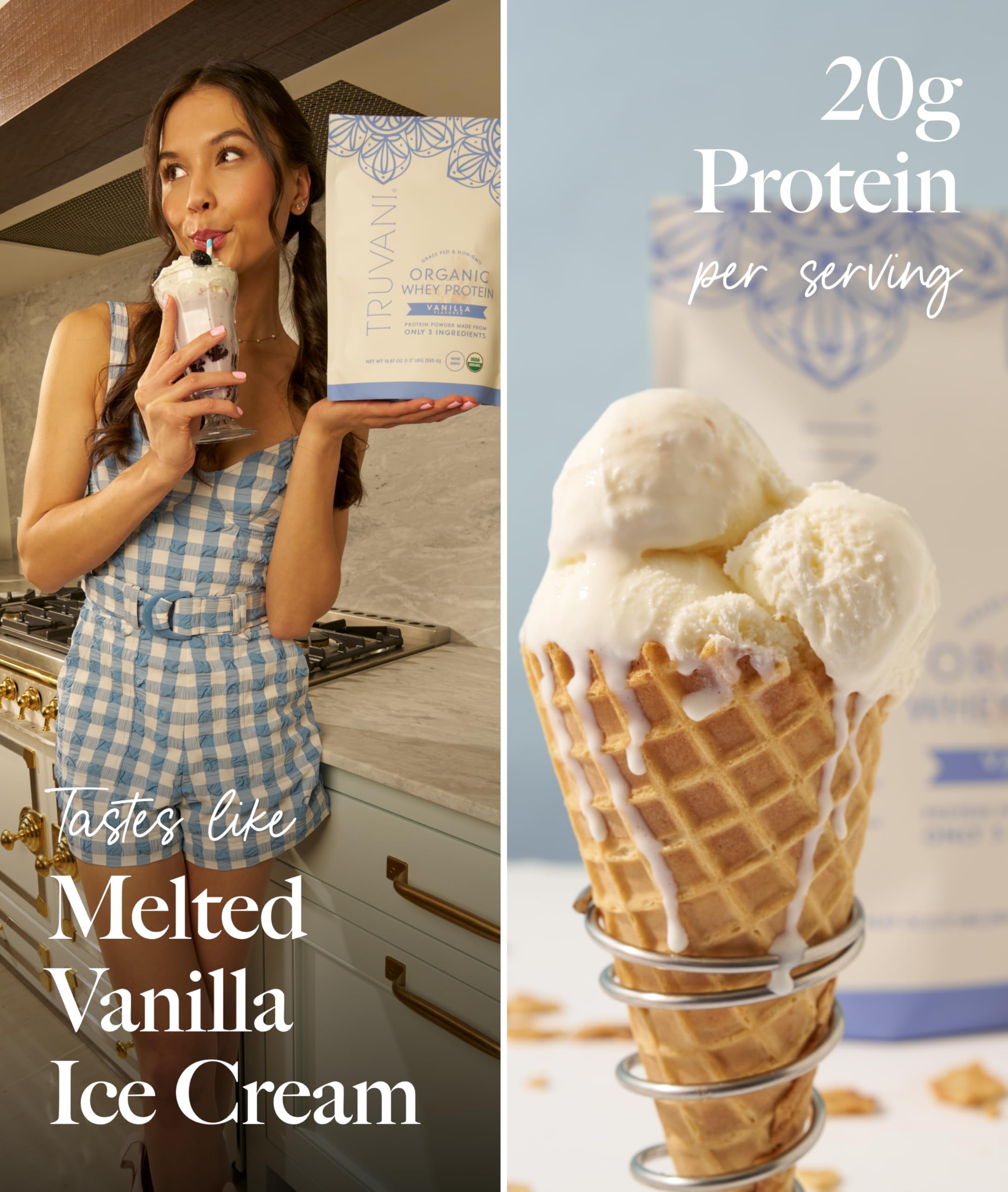Étiquette USDA biologique sur l’emballage Truvani whey vanille.