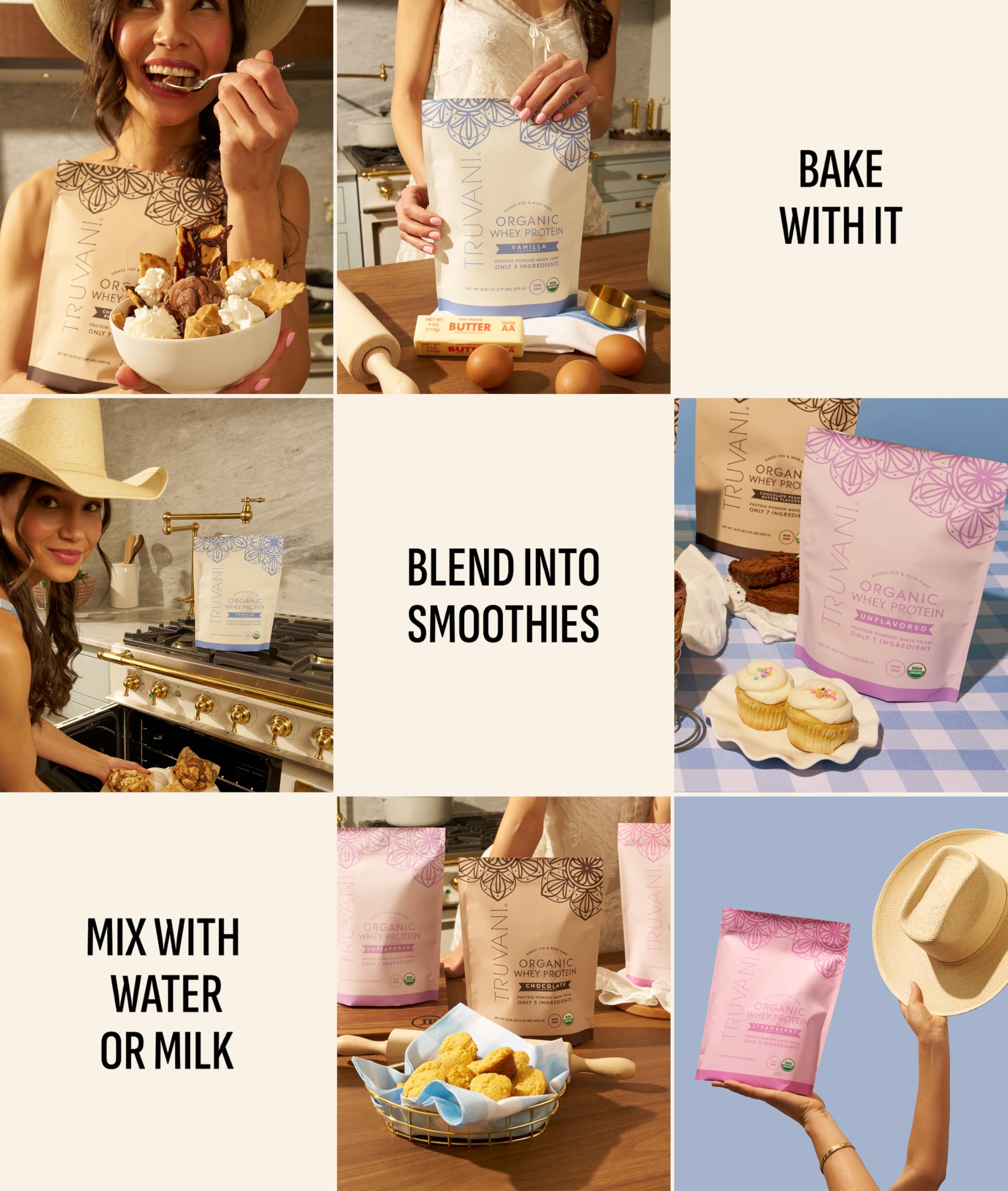 Ingrédients réels et biologiques affichés sur l’emballage Truvani whey vanille.