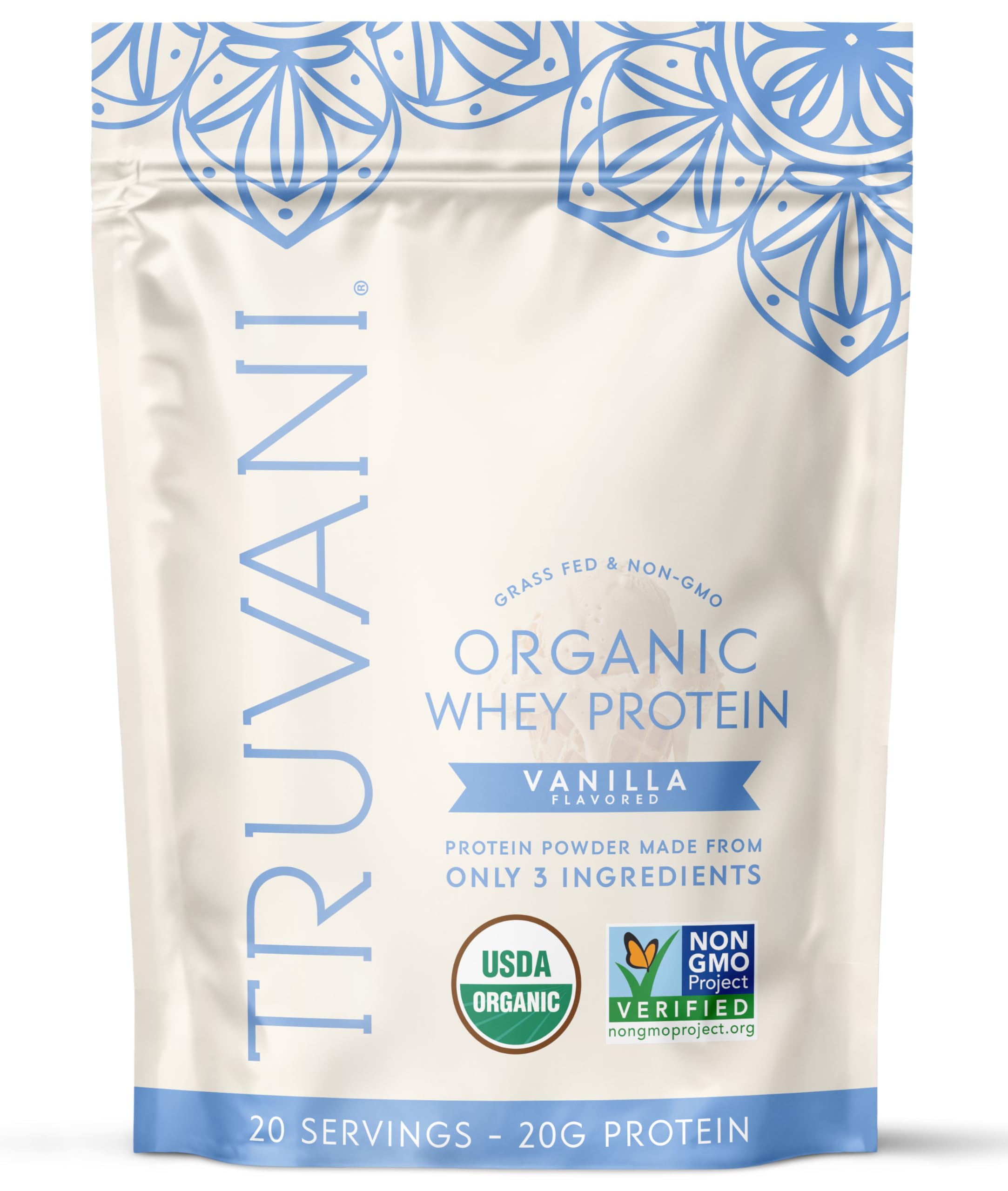 Protéine whey biologique Truvani vanille en poudre prête à mélanger après l’entraînement.