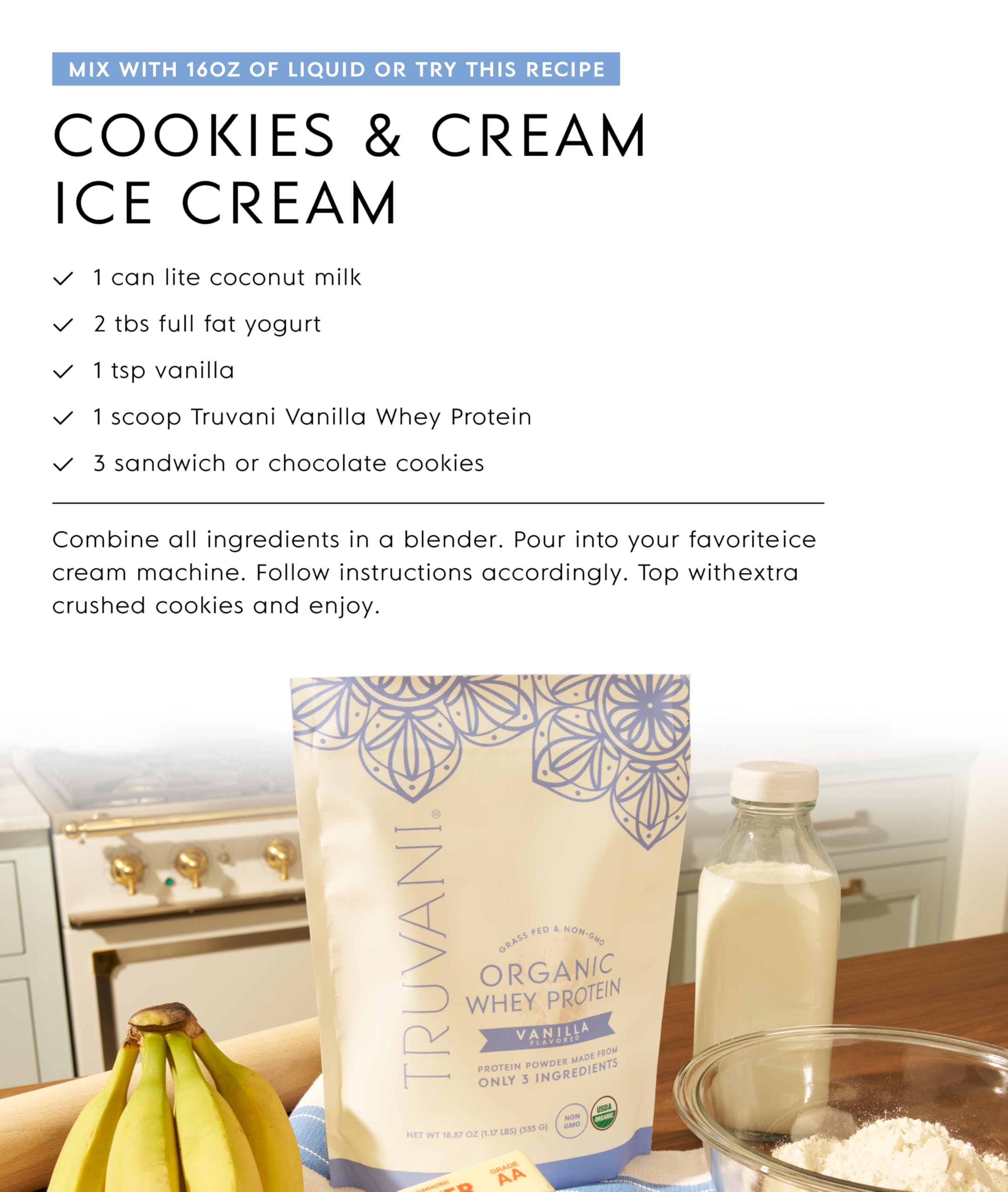 Whey vanille Truvani sans gommes ni édulcorants artificiels pour digestion confortable.