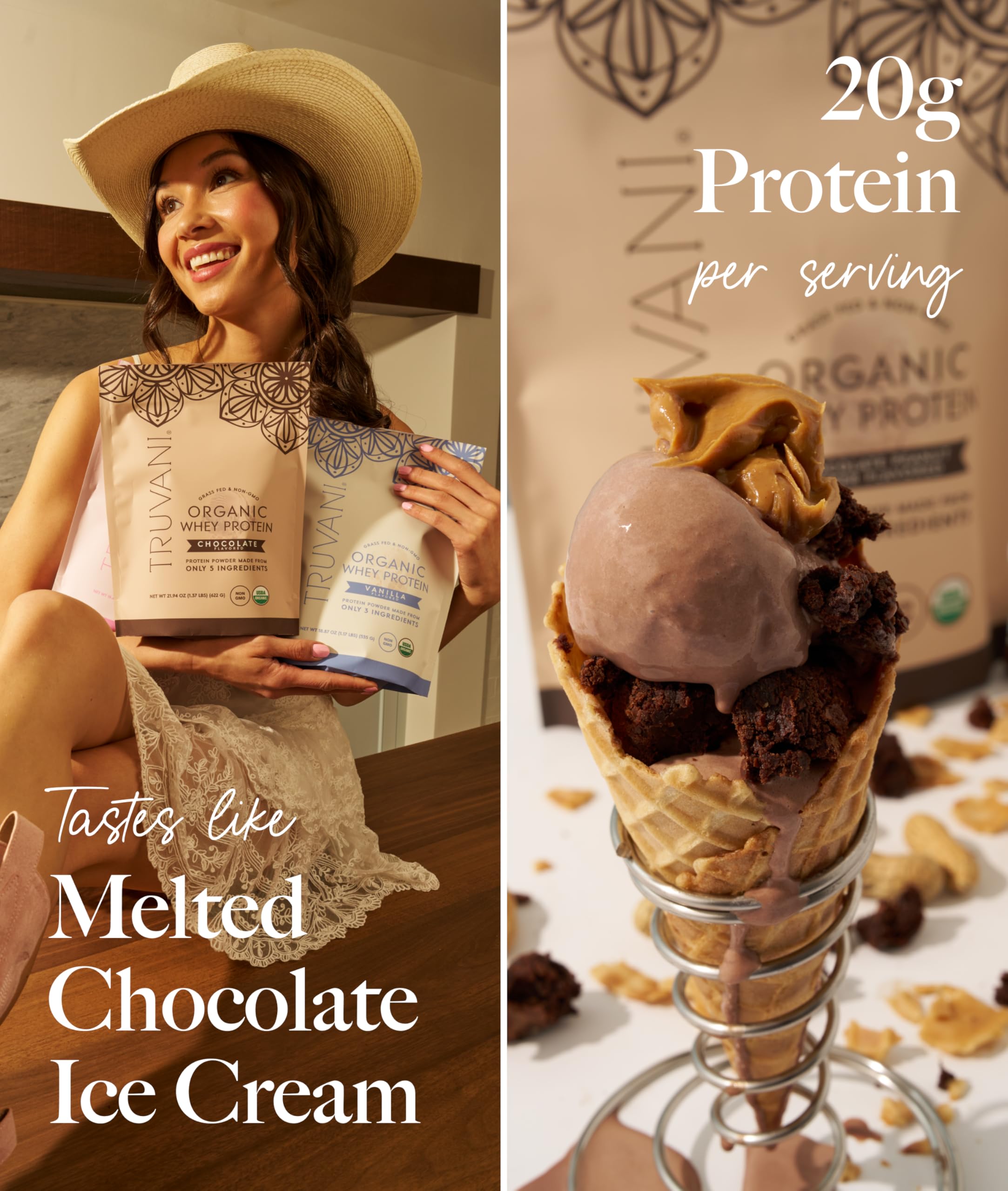Emballage Truvani Whey Organic Chocolat avec étiquette biologique.