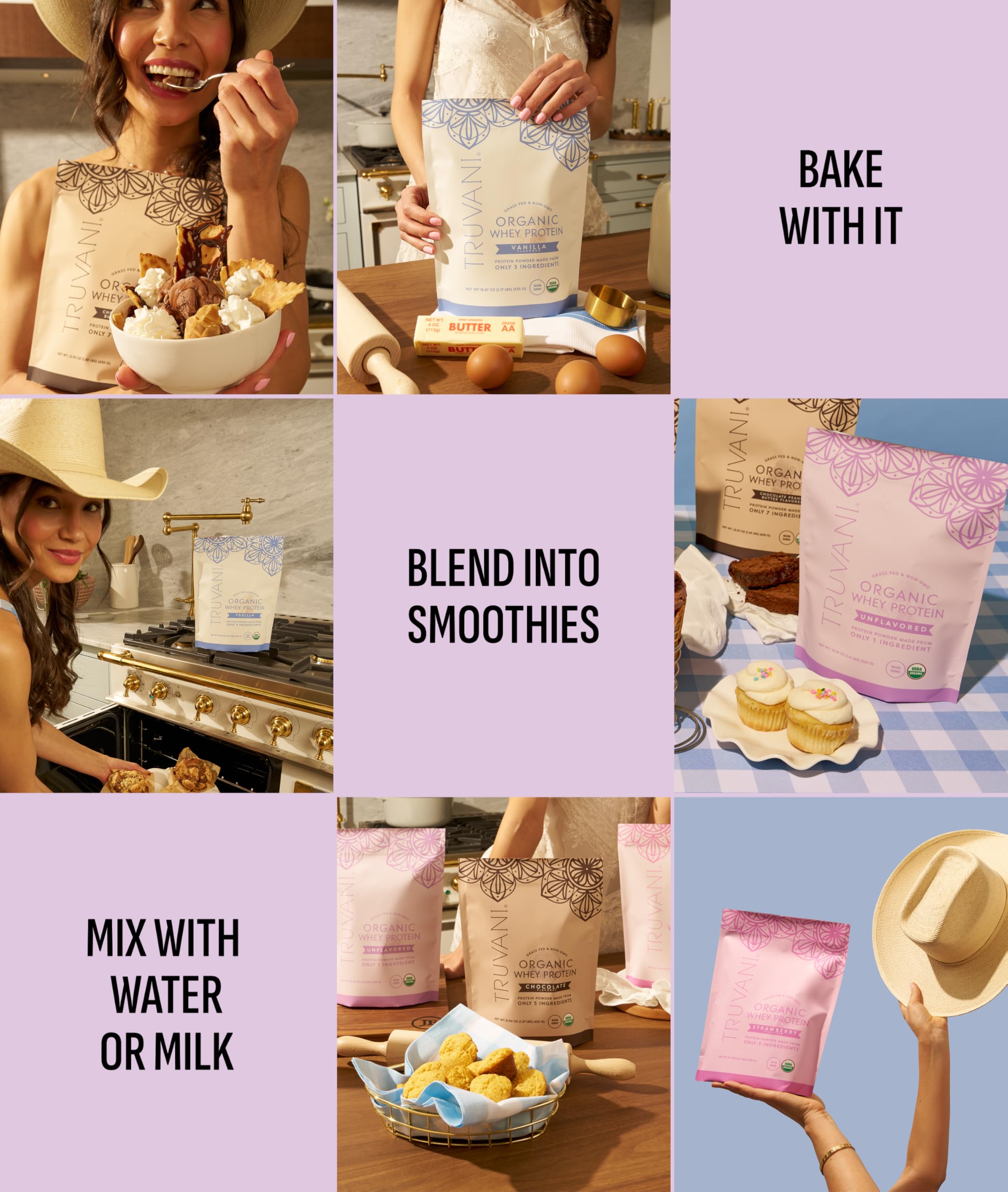 Étiquette Truvani Whey Protein Bio — information claire et absence d'ingrédients indésirables.