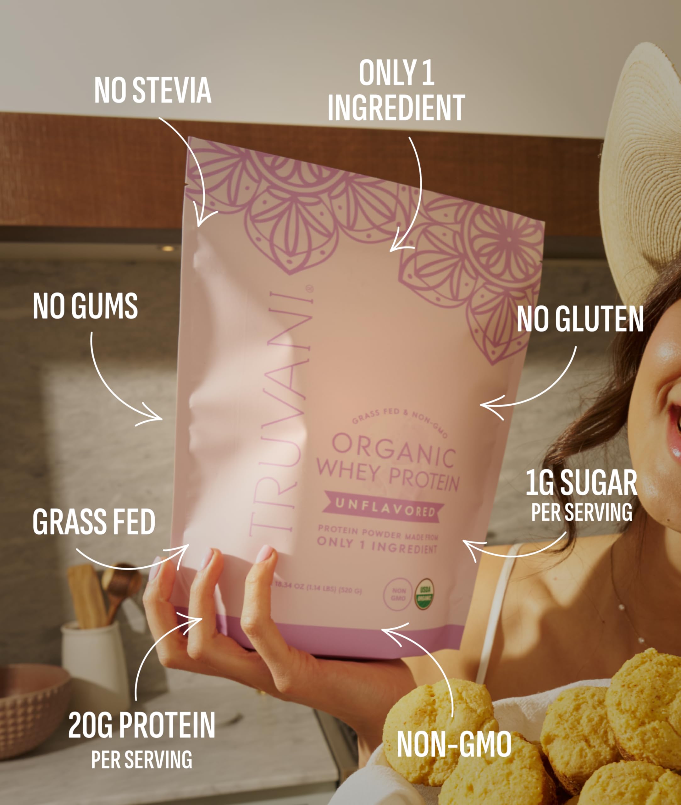 Ingrédients réels visibles sur l'emballage Truvani Whey Protein Bio non aromatisée.