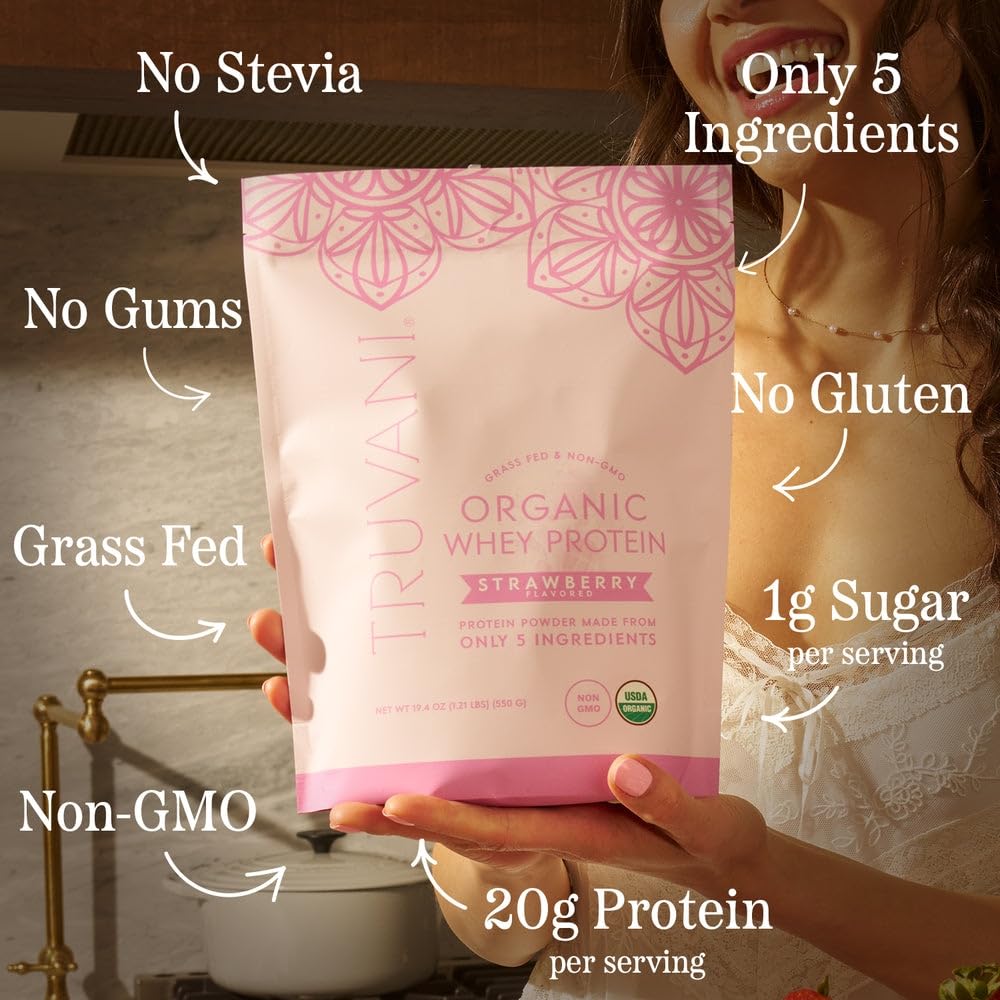Cuillère Truvani whey protéine fraise, texture onctueuse idéale pour smoothie.
