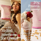Mélange Truvani whey protéine fraise, mélange homogène pour shaker rapide.
