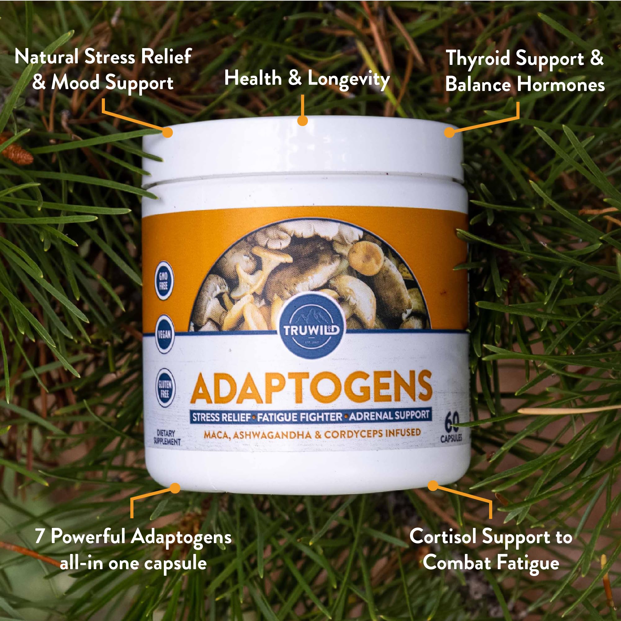 TruWild Adaptogène – tableau nutritionnel et liste d'ingrédients, aperçu utile.