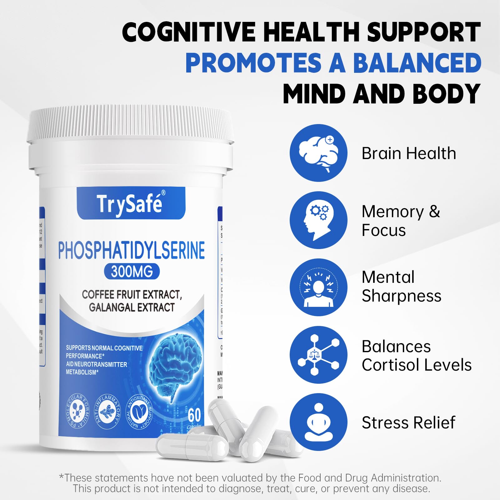 TrySafe Phosphatidylserine 300 mg — emballage arrière, détails des ingrédients et usages.