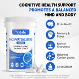 TrySafe Phosphatidylserine 300 mg — emballage arrière, détails des ingrédients et usages.