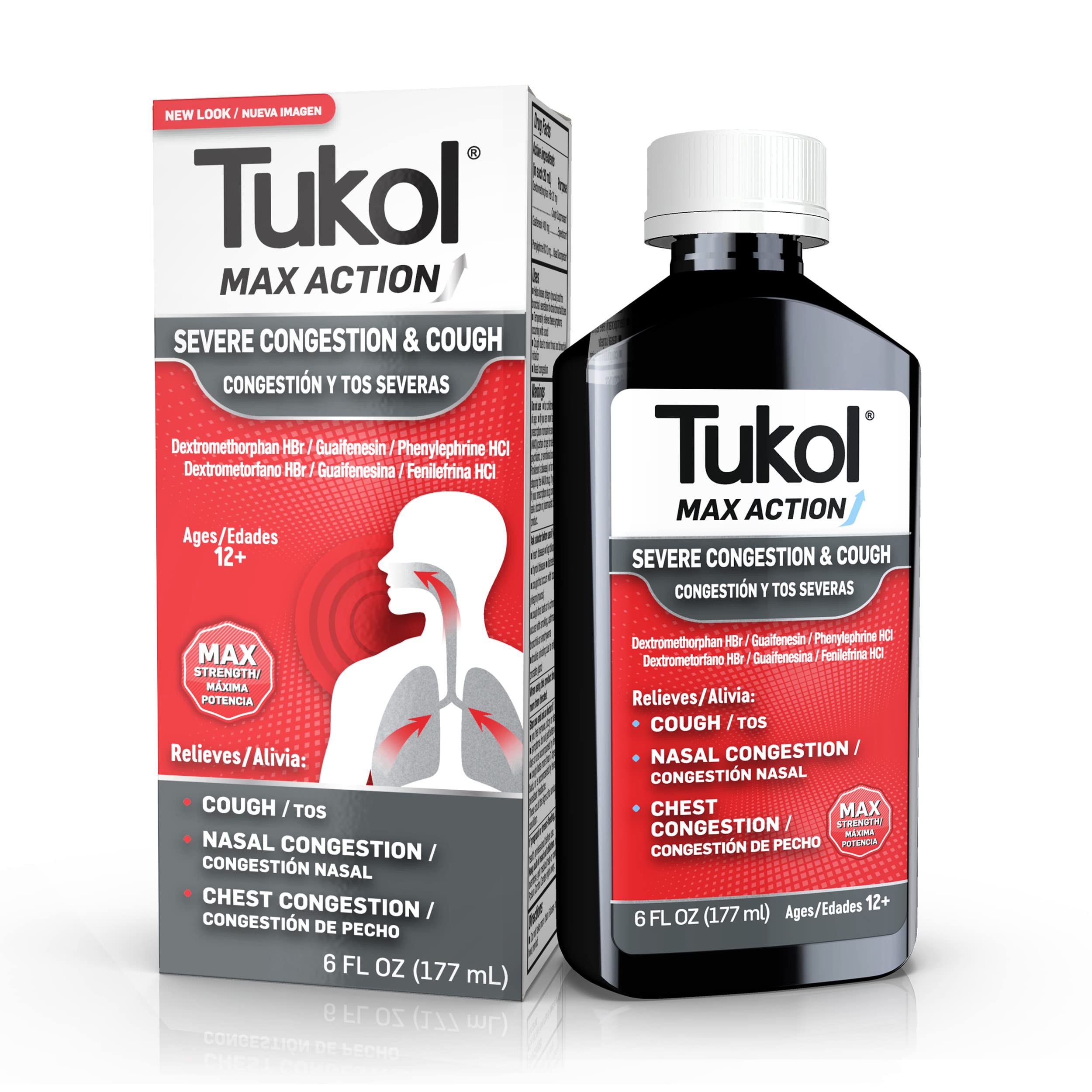 TUKOL Max flacon de sirop indiquant action rapide contre la congestion