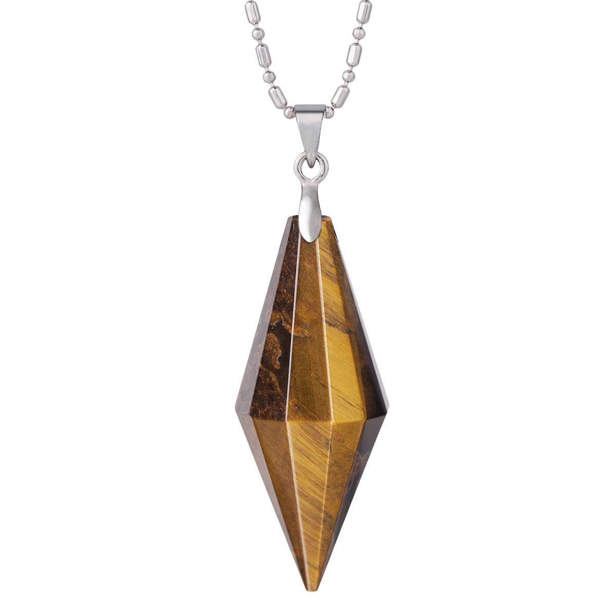 Pendentif TUMBEELLUWA en cristal point œil-de-tigre pour chakras et méditation.