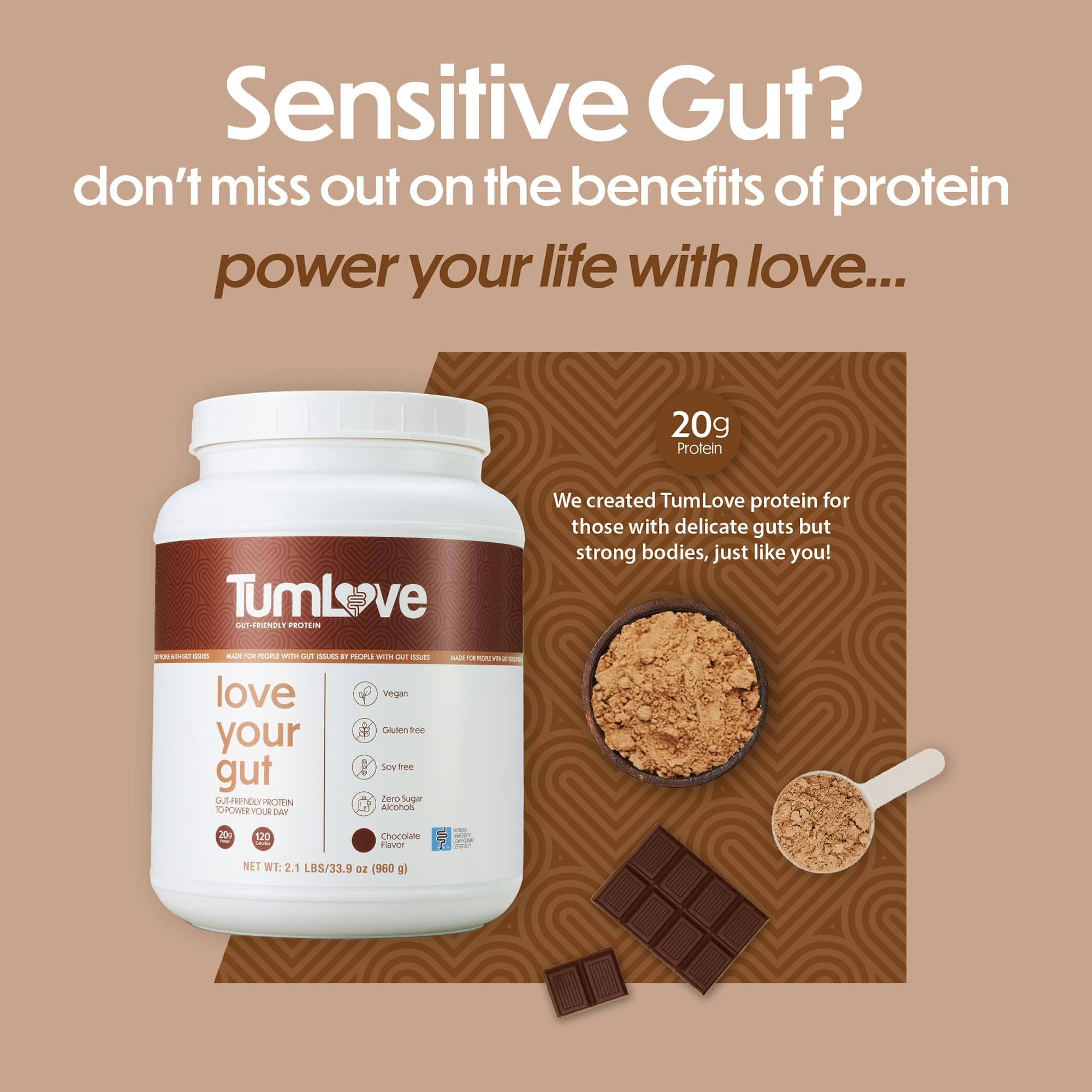 TumLove poudre végétale chocolat, texture crémeuse sans gluten ni lactose.