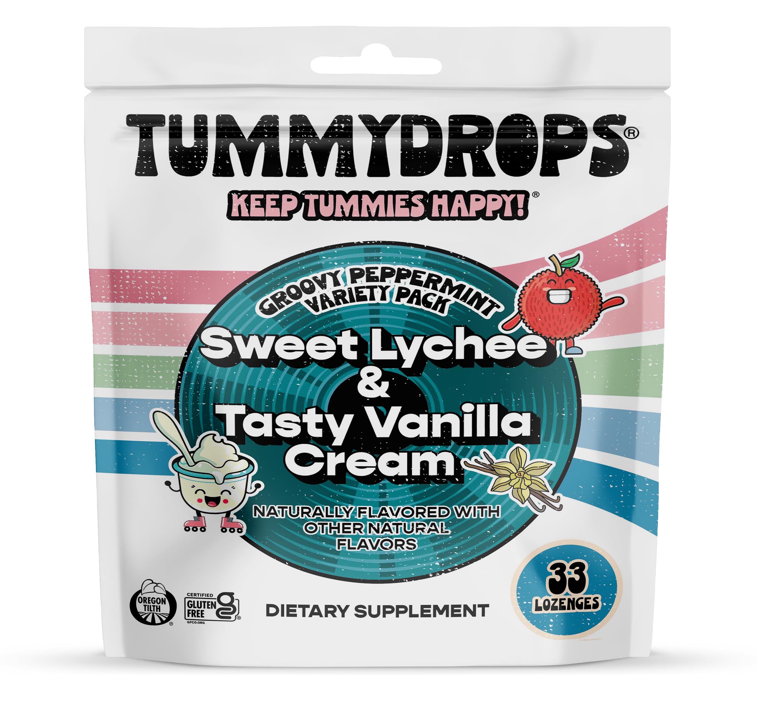 Tummydrops Groovy emballage menthe-lychee, dégustation quotidienne pratique.