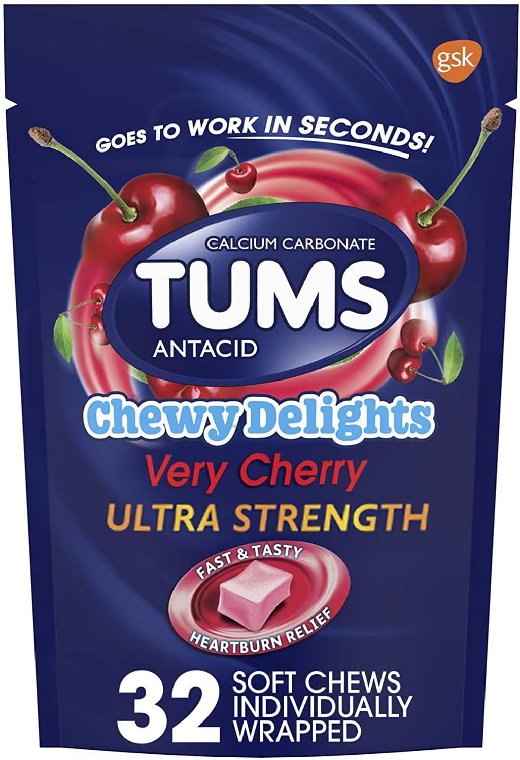 TUMS Cerise : boîte 4x32 gommes pratiques pour après repas.