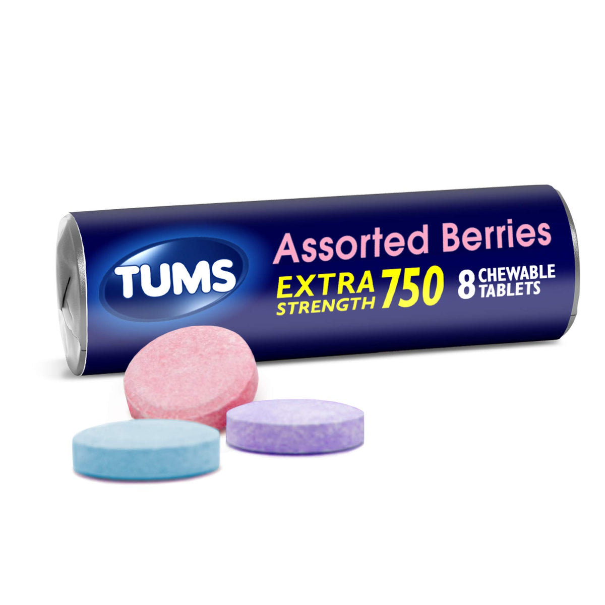 TUMS EX Baies Assorties, boite ouverte, soulagement rapide des brûlures d'estomac.