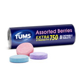 TUMS EX Baies Assorties, boite ouverte, soulagement rapide des brûlures d'estomac.