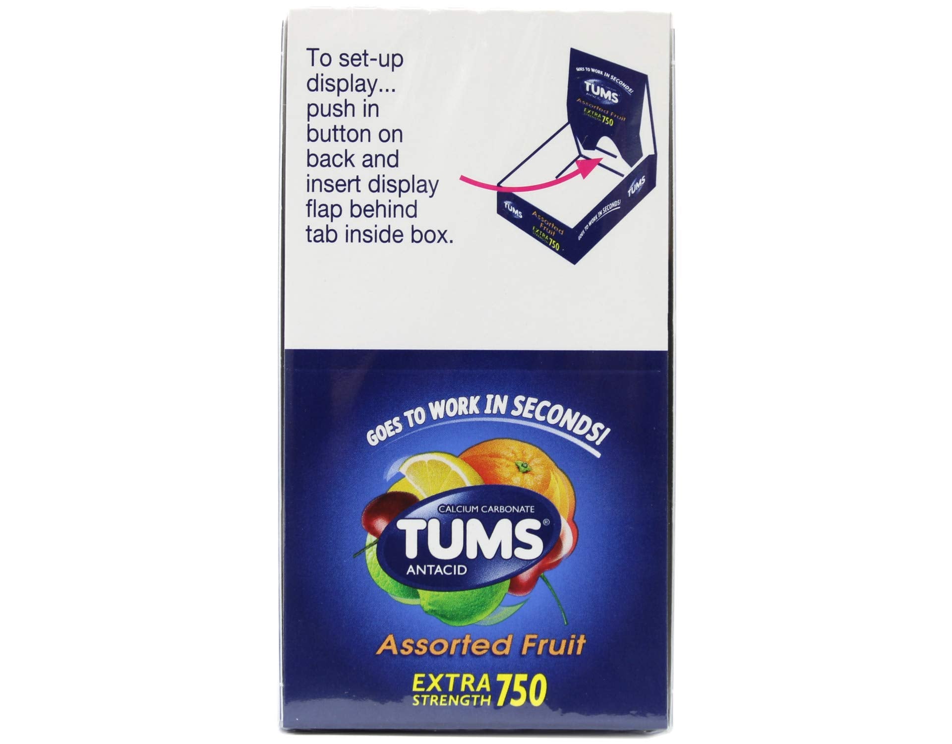 TUMS Extra 750; rouleaux goûts fruits assortis, pratique et portable.