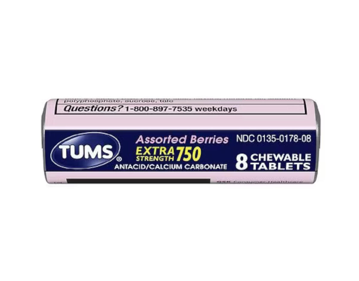 TUMS Extra Strength 750 — rouleaux pochette avec comprimés à mâcher pour déplacement pratique.