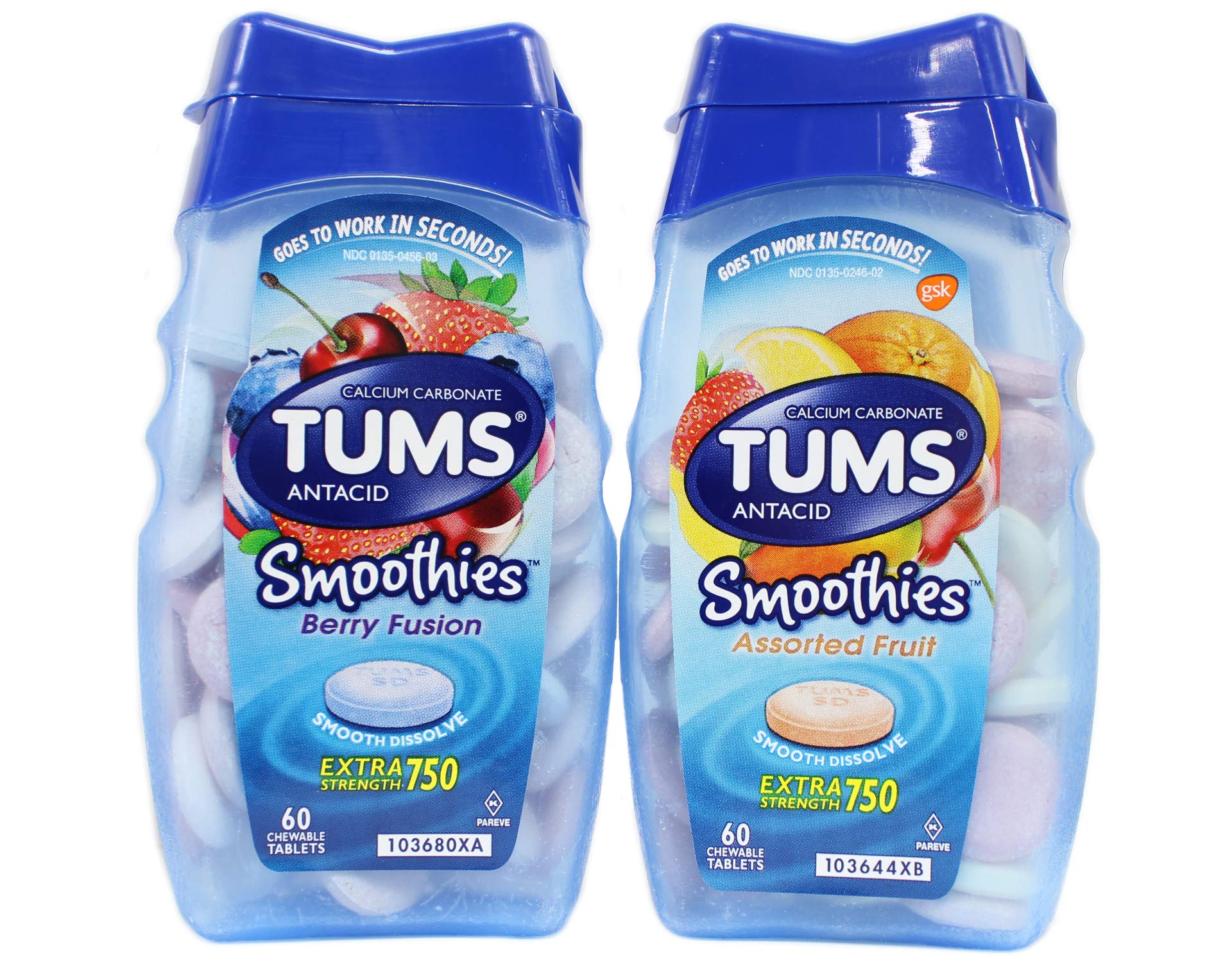 TUMS Smoothies Berry Fusion dans la bouteille, usage pratique lors de repas lourds.