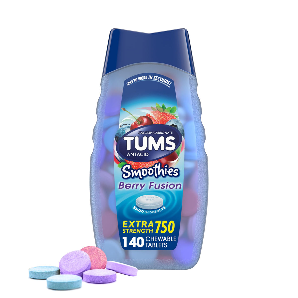 TUMS Smoothies Berry Fusion, pastilles à mâcher neutralisant rapidement l'acide.
