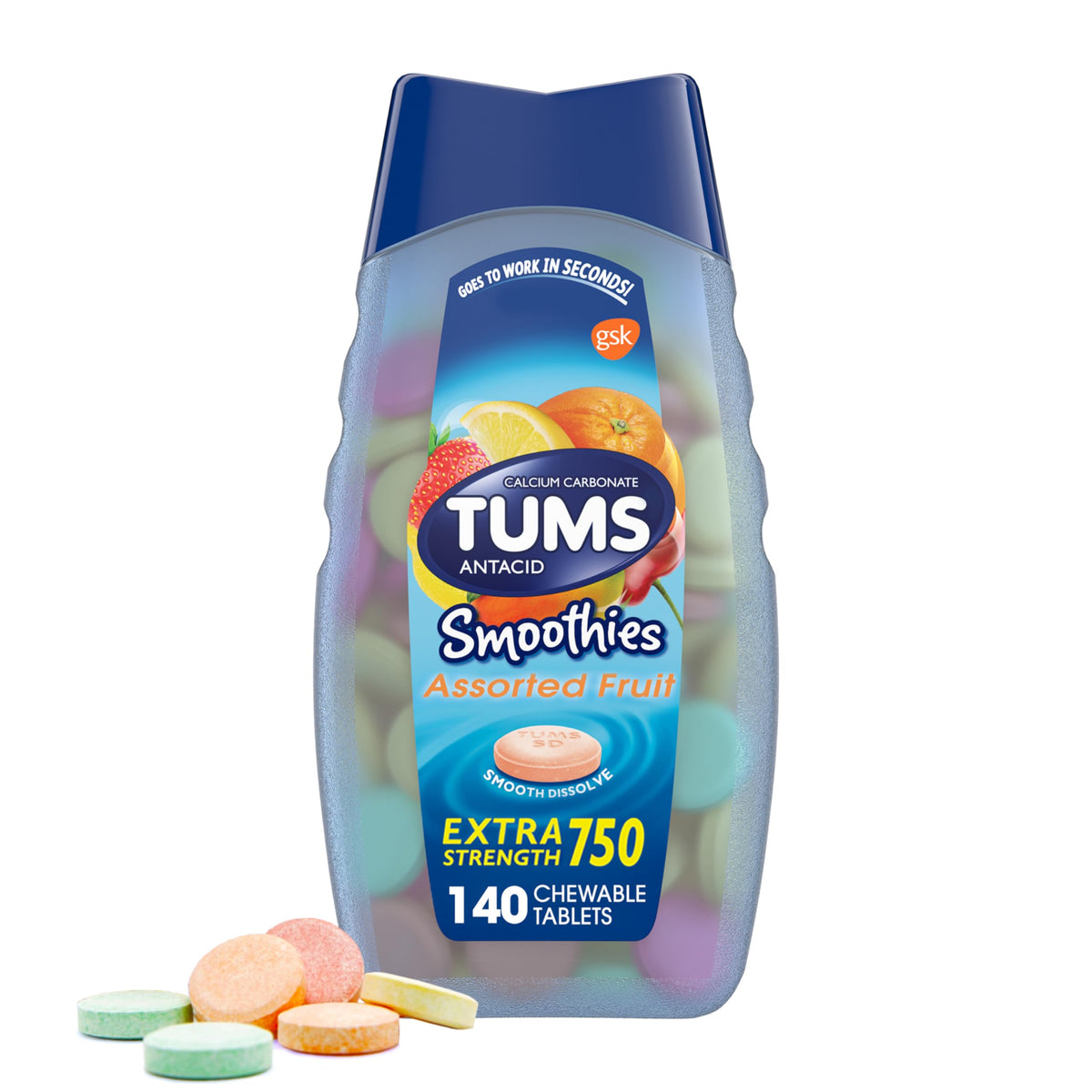 Bouteille TUMS Smoothies avec comprimés-fruits pour soulagement rapide des brûlures