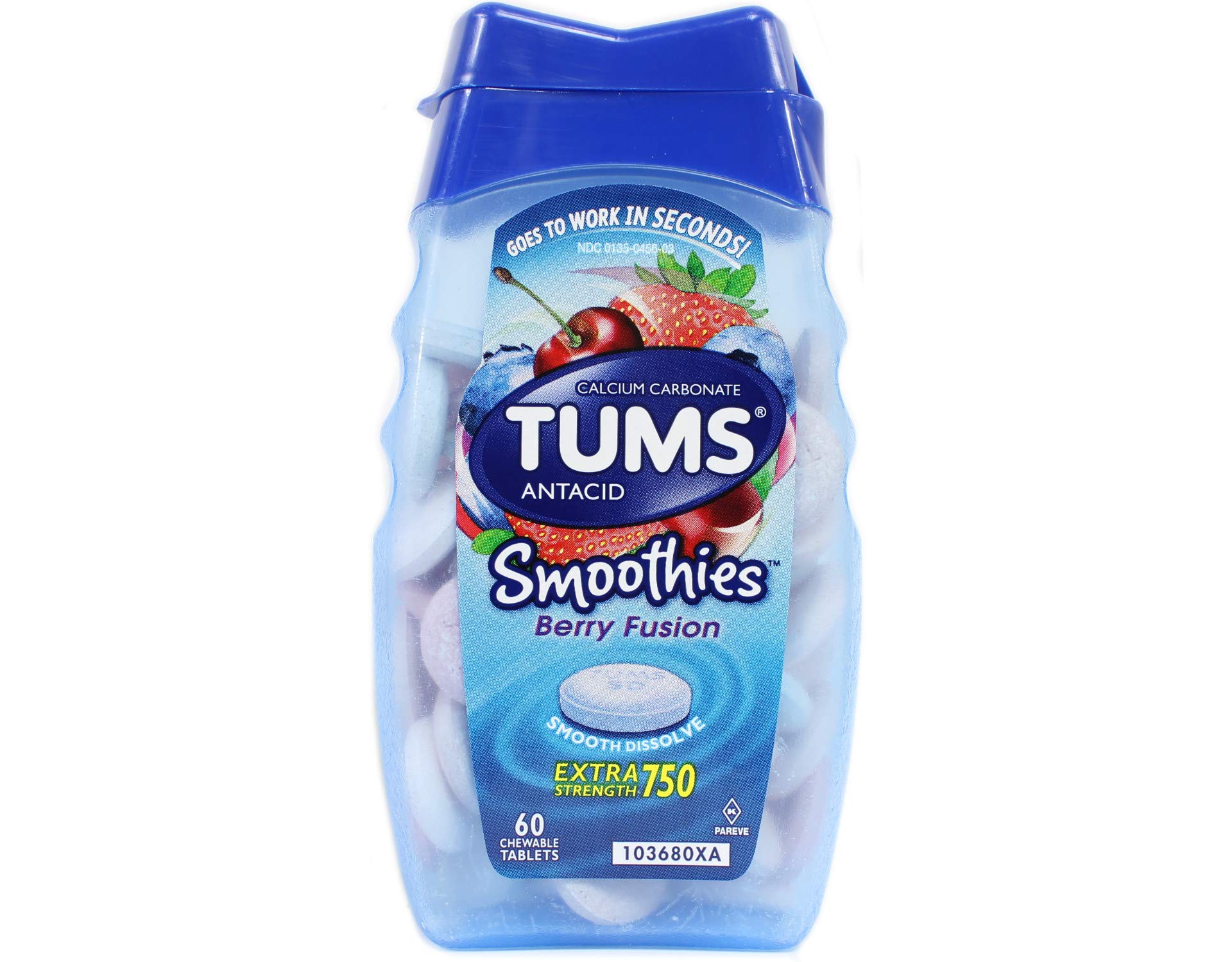 Étiquette et bouchon TUMS Smoothies, présentation claire pour repérer le goût Berry Fusion.