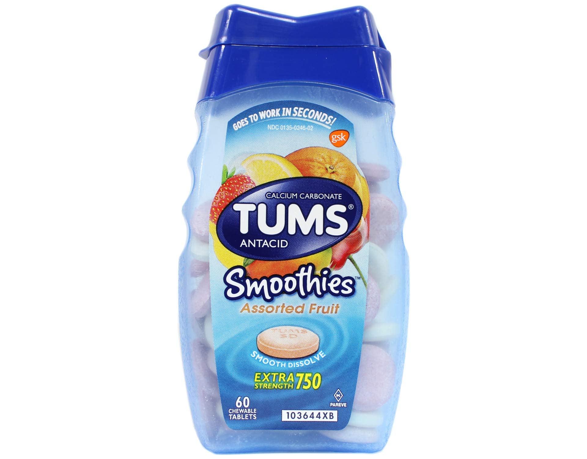 Tablettes mâchables TUMS Smoothies Berry Fusion, texture lisse pour une dégustation rapide.