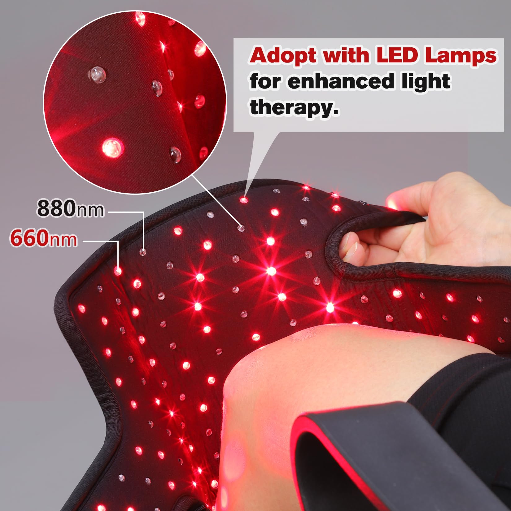 TUOB wrap genou lumière rouge 660 nm, couverture étendue.