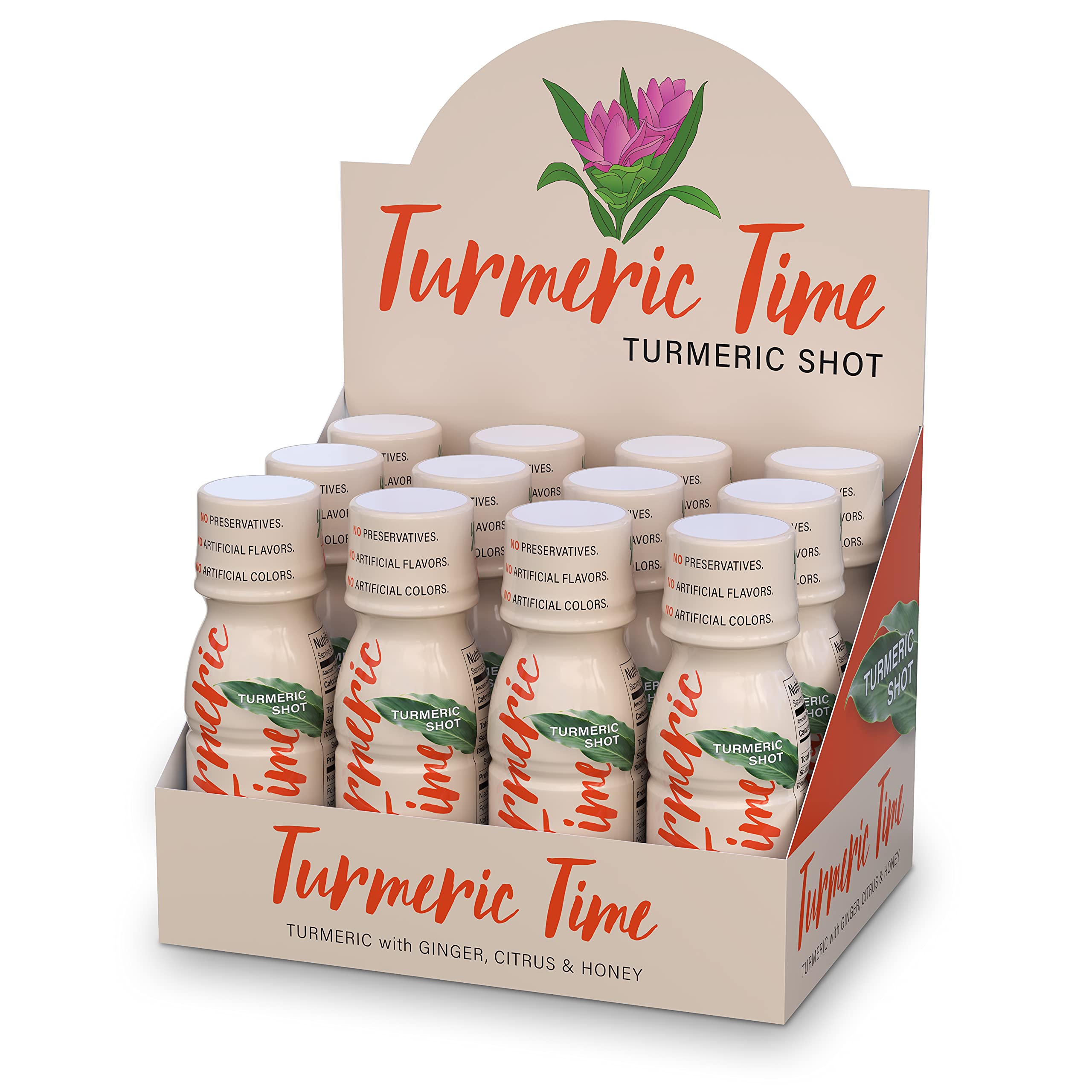Turmeric Time Shot: bouteille claire avec gingembre, citron et miel pour énergie naturelle.
