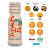 Turmeric Time Shot: étiquette biologique et sans OGM, signe de qualité.