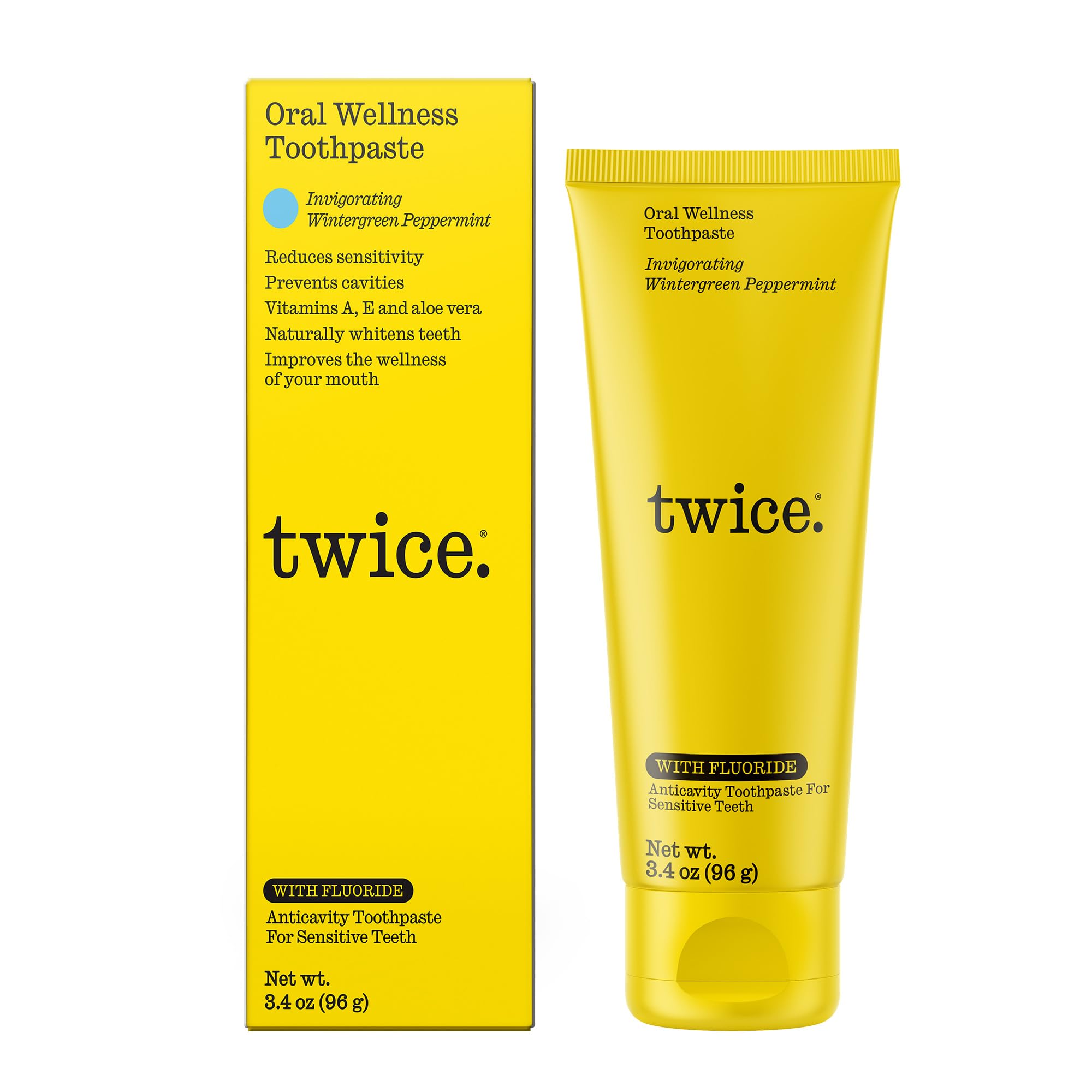 TWICE dentifrice anti-caries fluorure dans un emballage élégant, protection quotidienne.