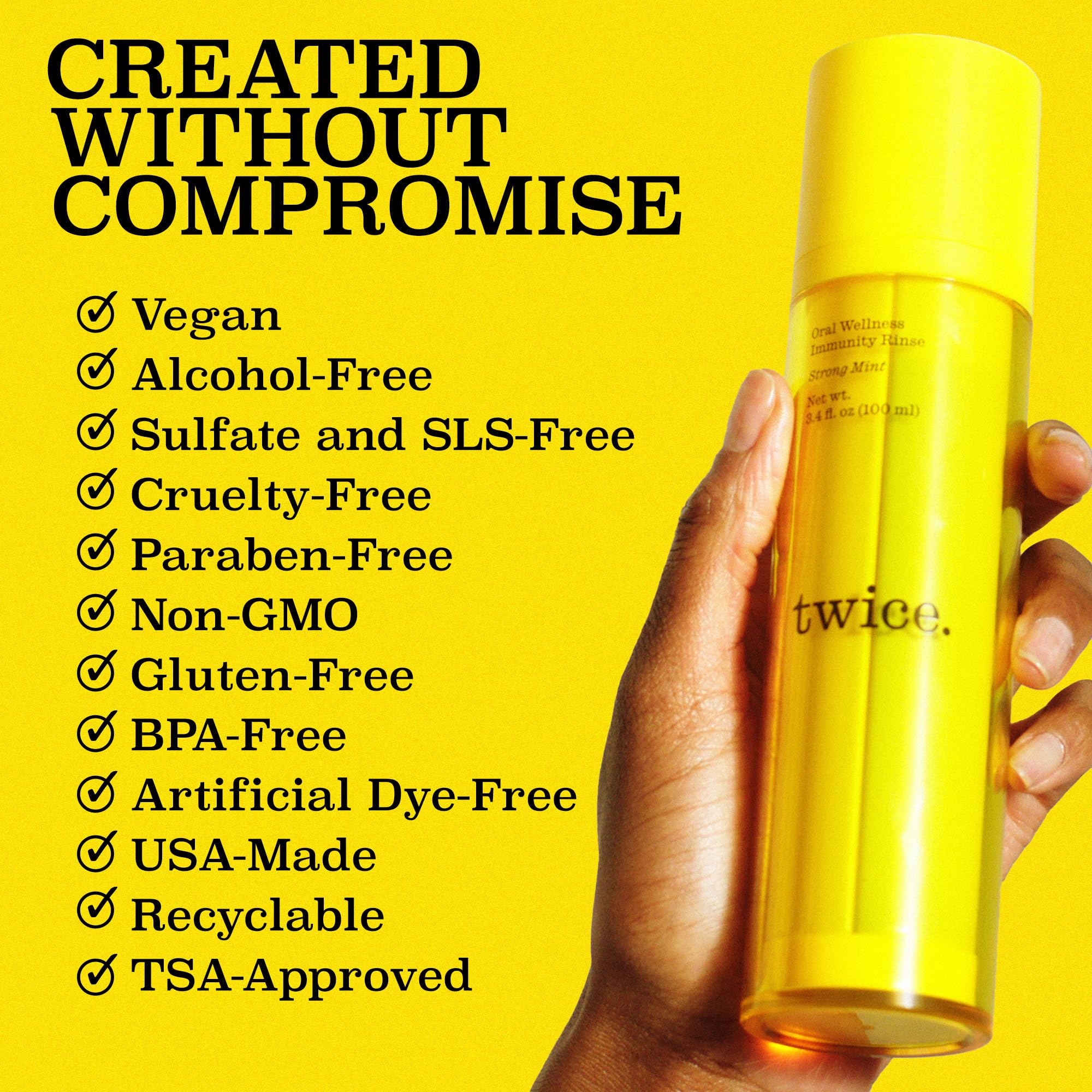 Twice Immunity Rinse: option vegan-friendly pour hygiène buccale consciente.