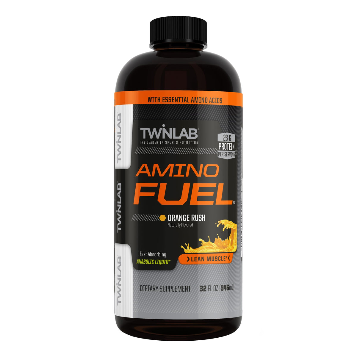 Twinlab Amino Fuel, bouteille pré-entraînement orange-rush, énergie potentielle pour la séance.