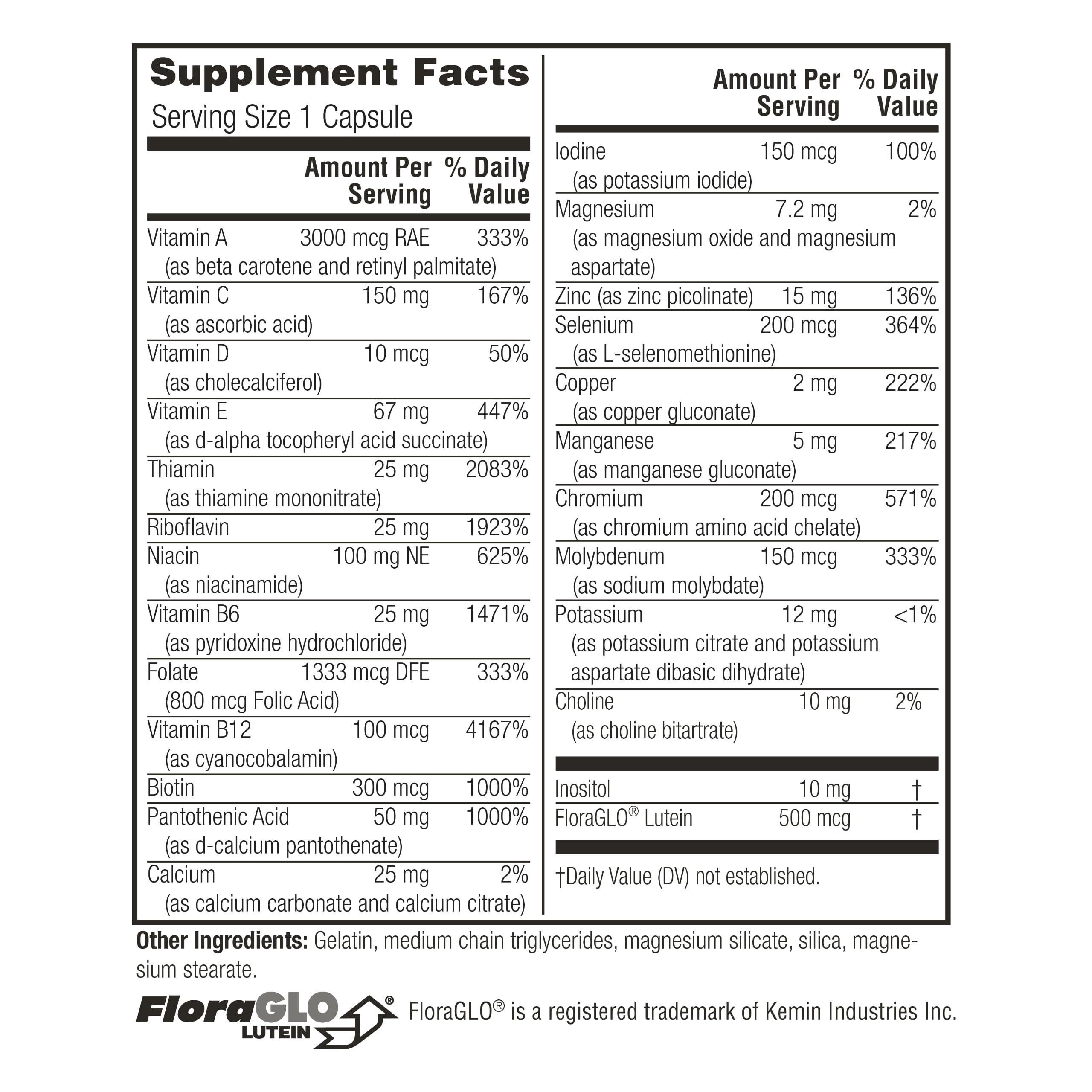 Étiquette Twinlab Daily One Caps, emballage clair des ingrédients et du statut sans fer.
