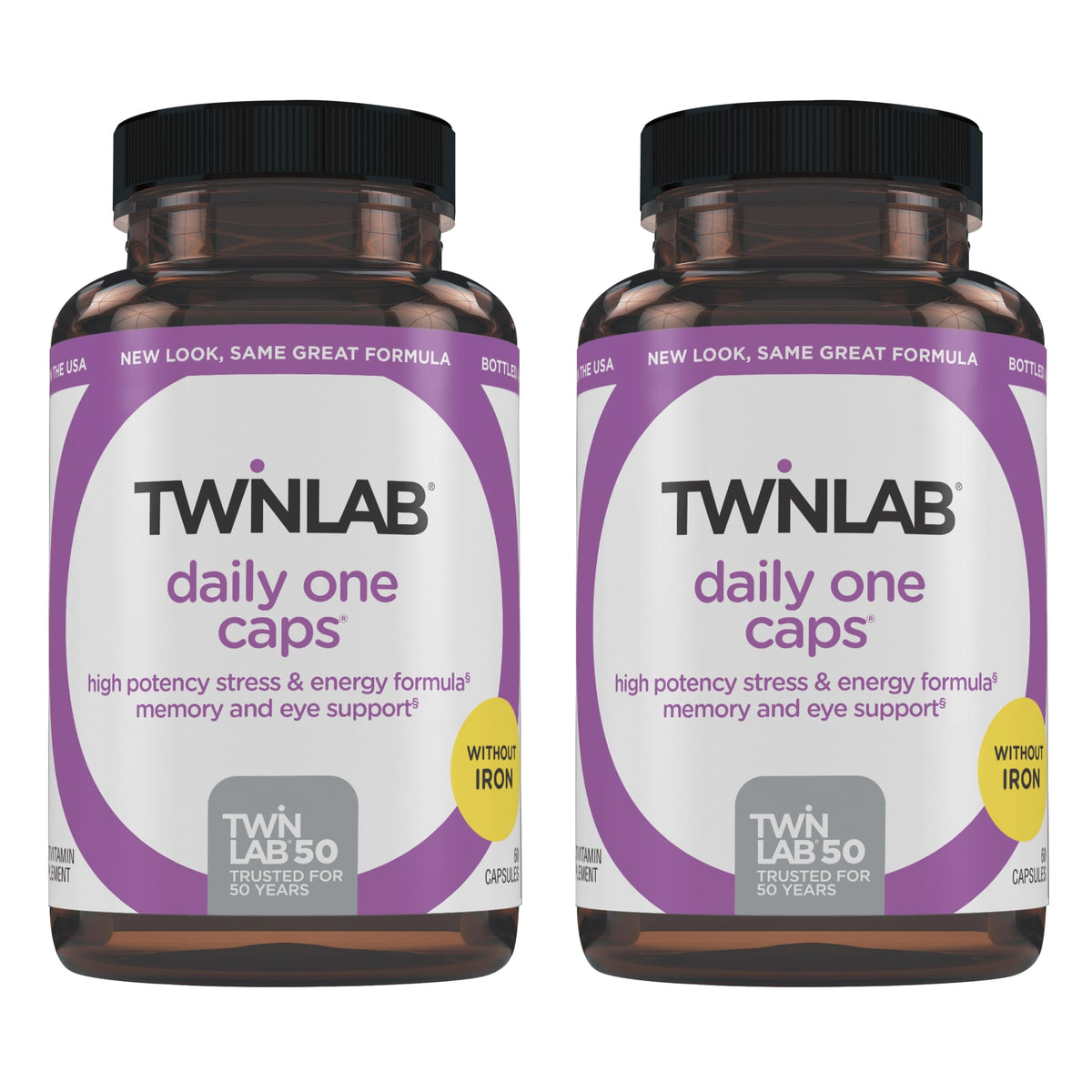 Twinlab Daily One Caps Sans Fer – bouteille ouverte et apport nutritionnel quotidien.