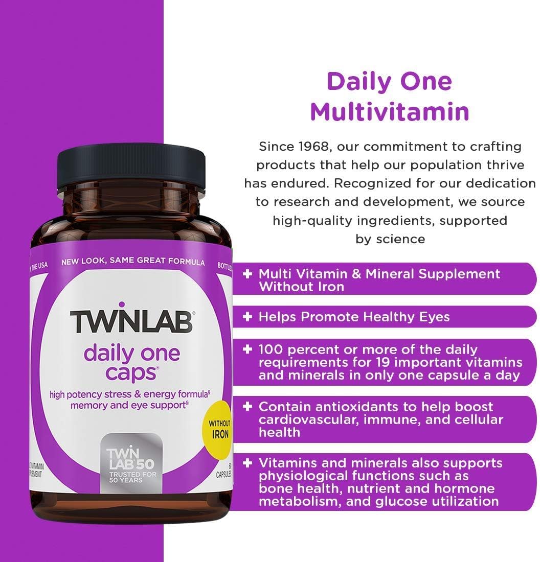 Étiquette nutritionnelle claire du Twinlab Daily One sans fer et Florglo, pour suivre les apports.