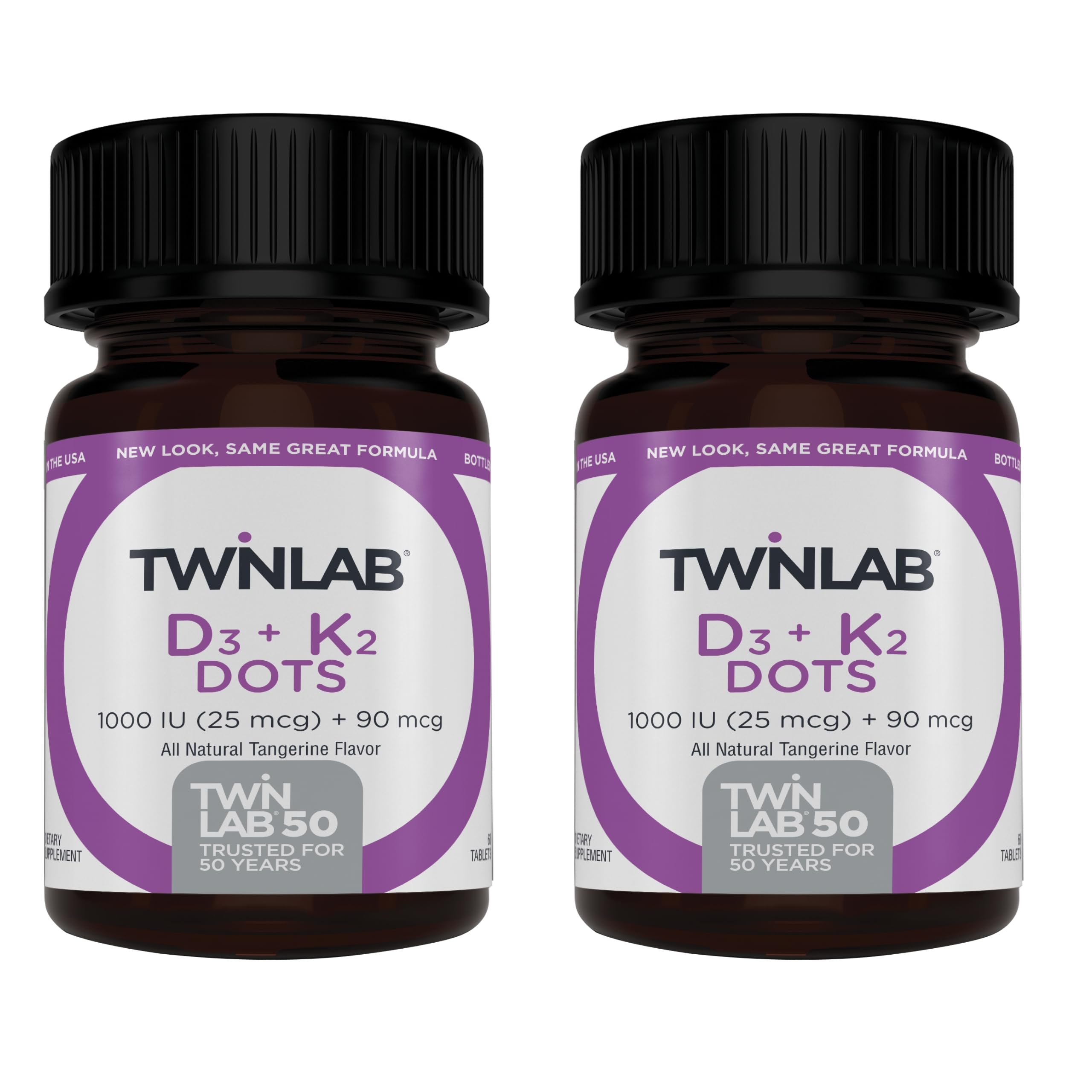 Twinlab Dots D3-K2 – Bouteille visible, soutien potentiel pour les os et les dents.