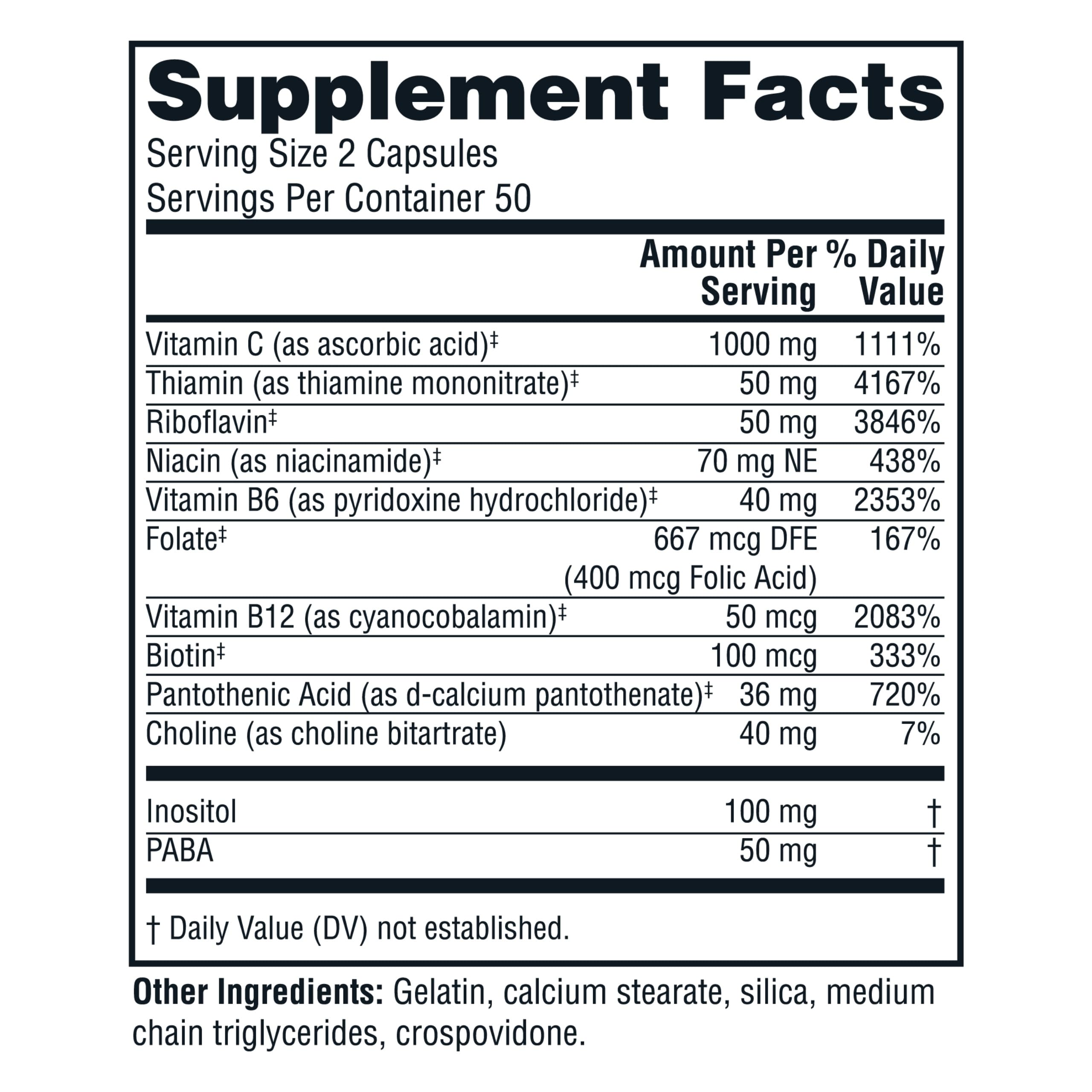 Twinlab Stress B-Complex : capsules ouvertes montrant la forme pratique.