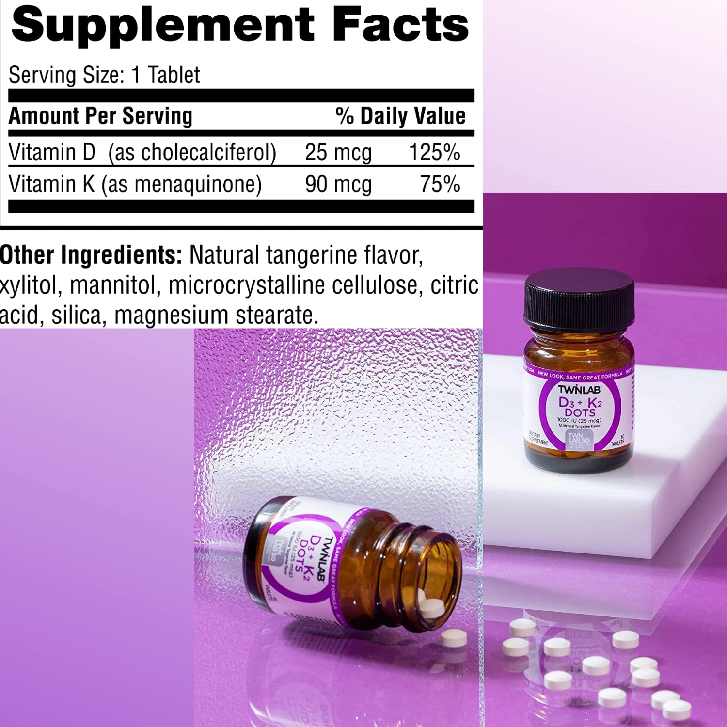 Twinlab vitamine D3 1000 UI et K2 Points bouteille ouverte