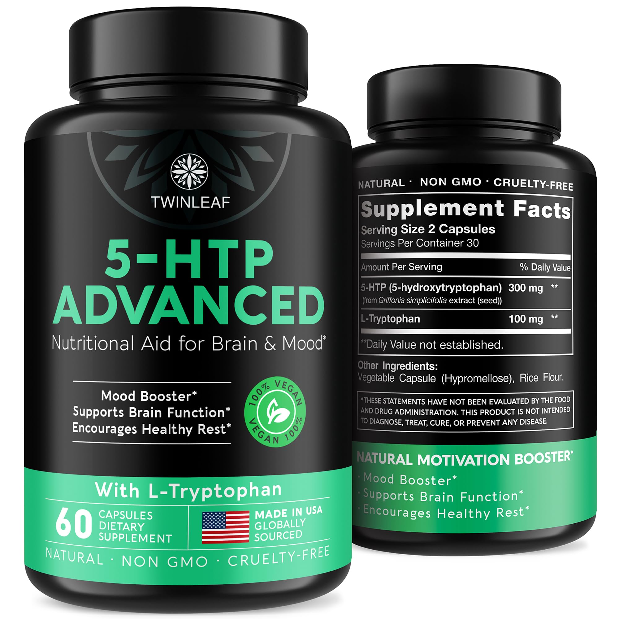 TWINLEAF 5-HTP, bouteille de capsules, peut soutenir une humeur équilibrée.