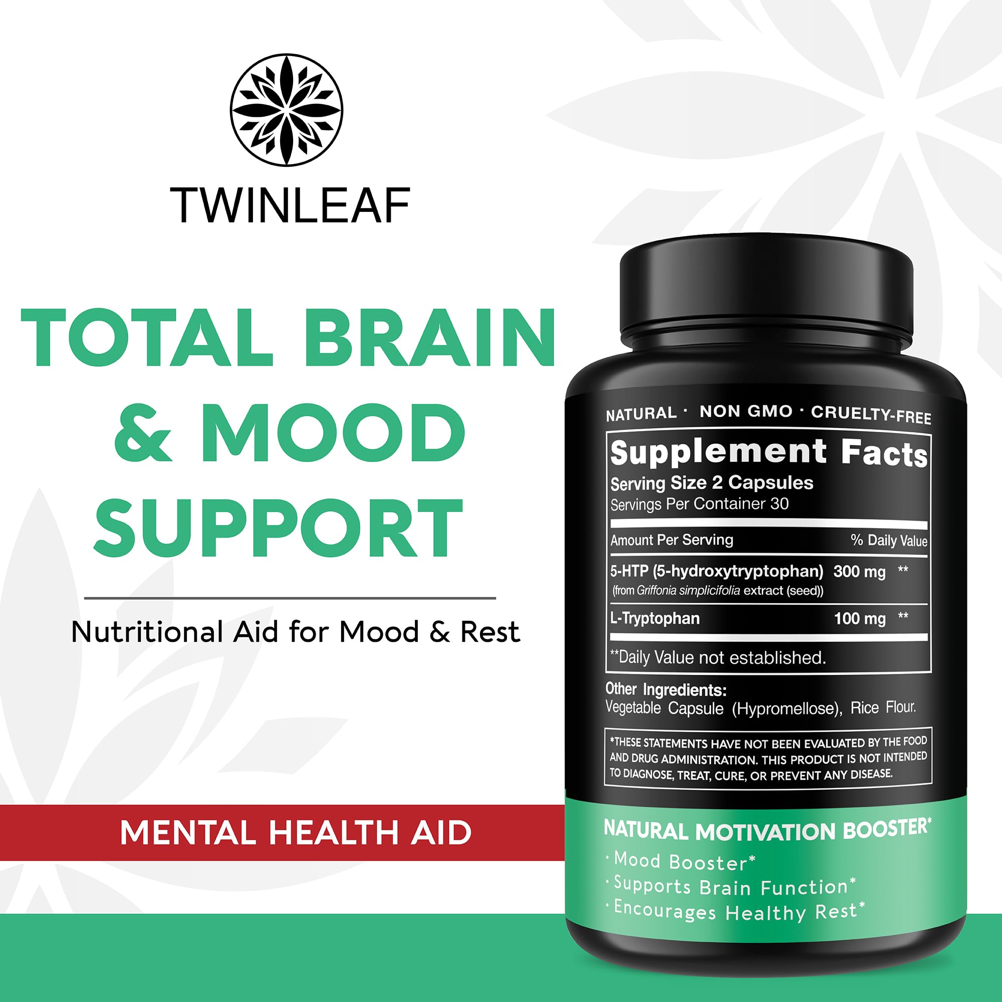 TWINLEAF 5-HTP, étiquette et emballage, présentation soignée et naturelle.