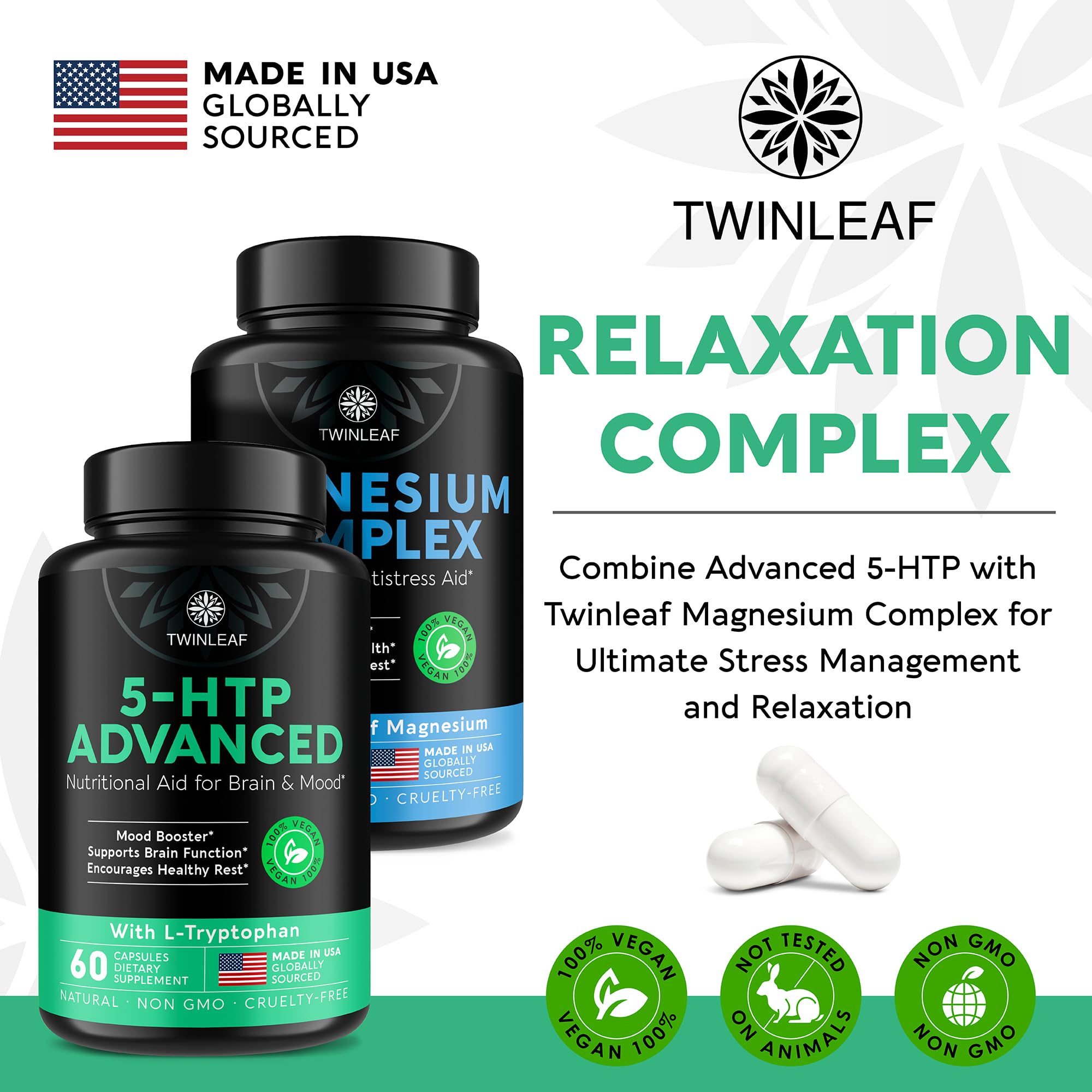 TWINLEAF 5-HTP, formule vegan sans gluten ni OGM.