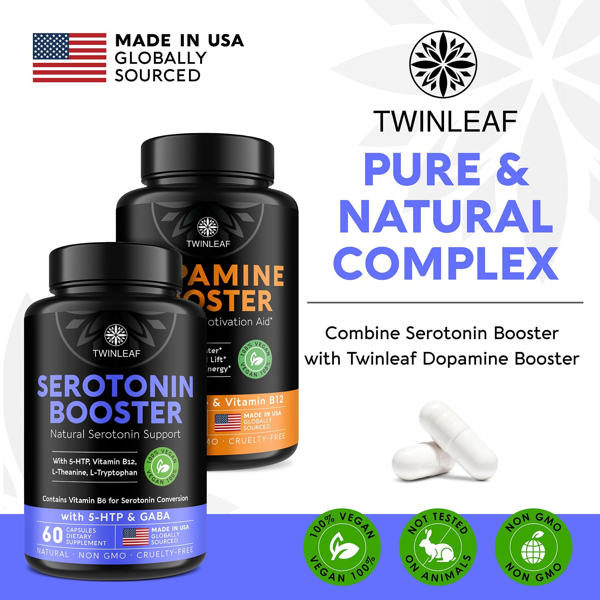 Twinleaf Serotonin Booster – Emballage pratique pour utilisation quotidienne.
