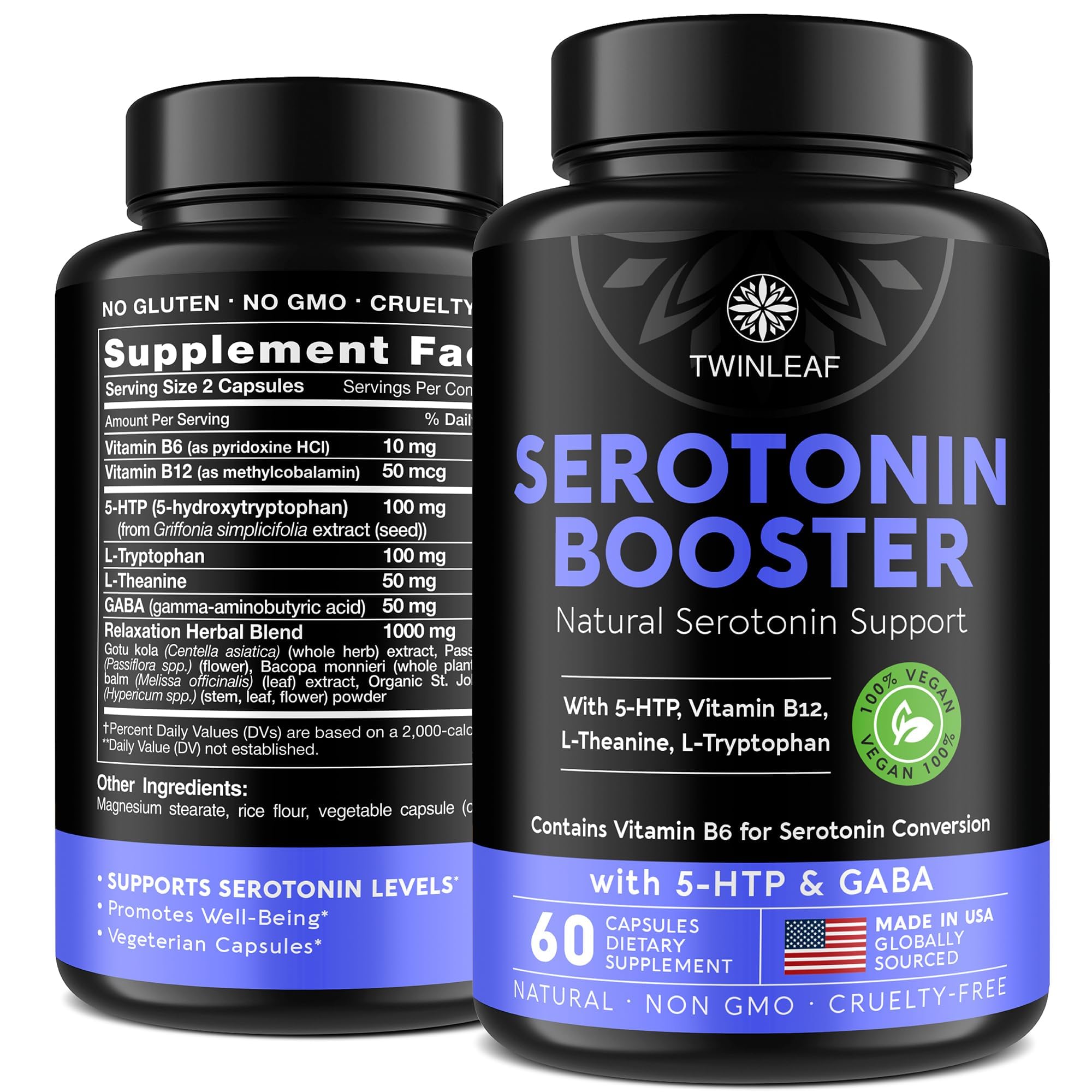 Twinleaf Serotonin Booster – Bouteille de 60 capsules, énergie et bien-être potentiels.