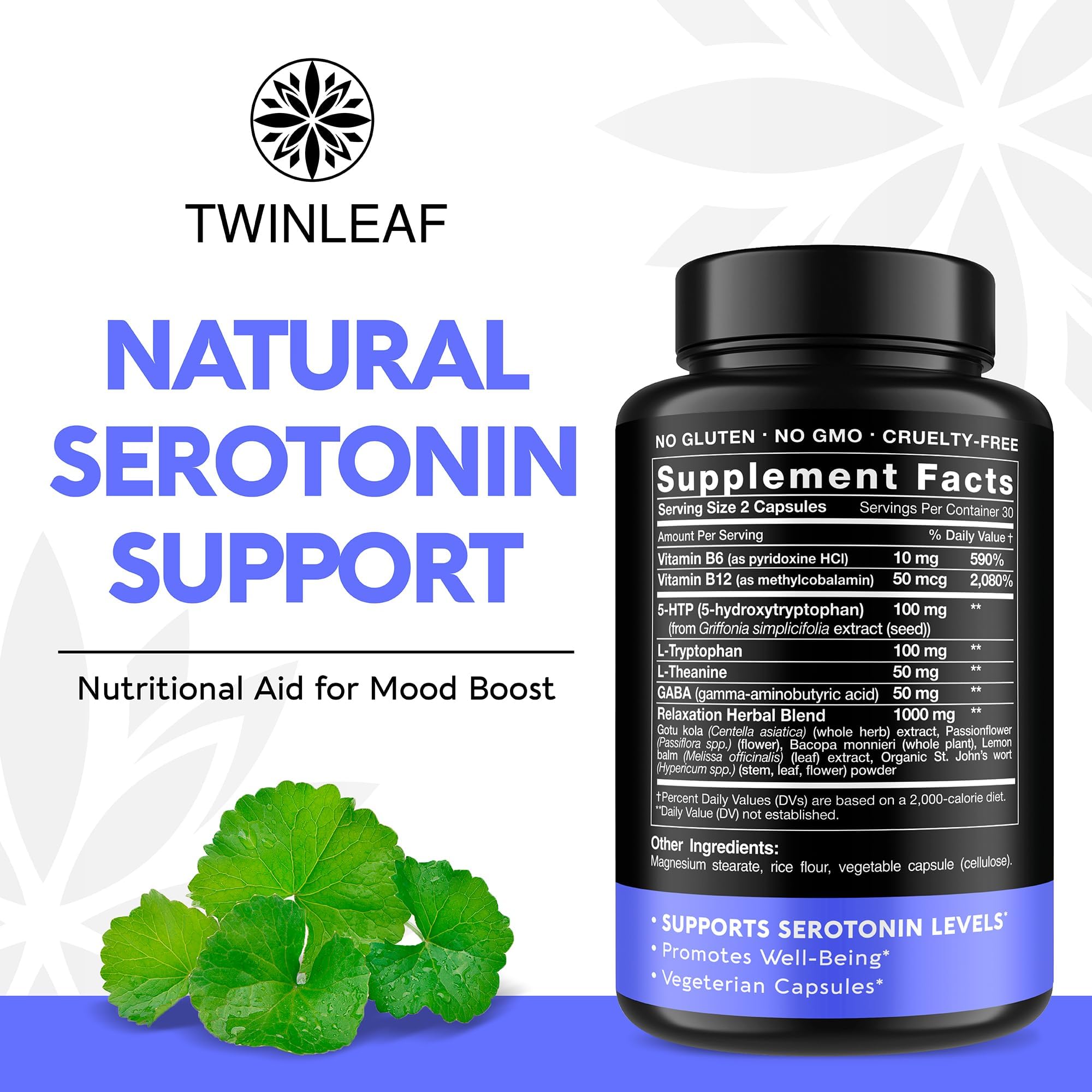 Twinleaf Serotonin Booster – Composition d'ingrédients clés pour humeur et sommeil.