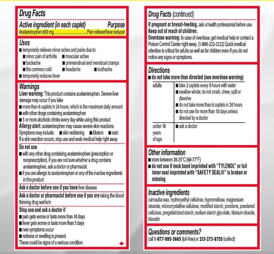 Tylenol caplets libération prolongée 8 heures, soutien léger aux activités journalières.