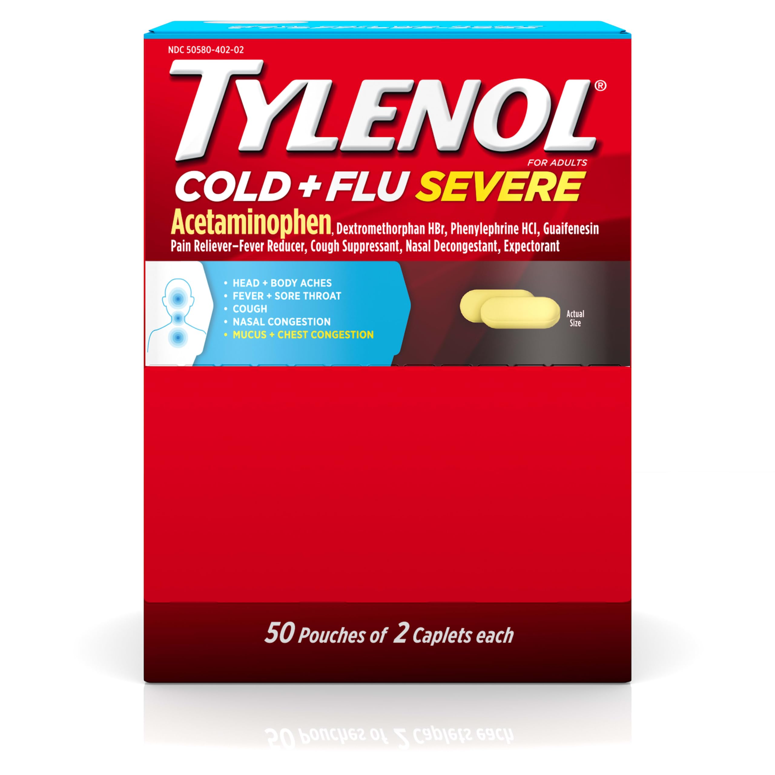 Tylenol Caplets Sévères Rhume Emballage — soulagement potentiel des symptômes.