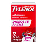 Tylenol au goût baie, sachet de 500 mg pour prise rapide en déplacement.
