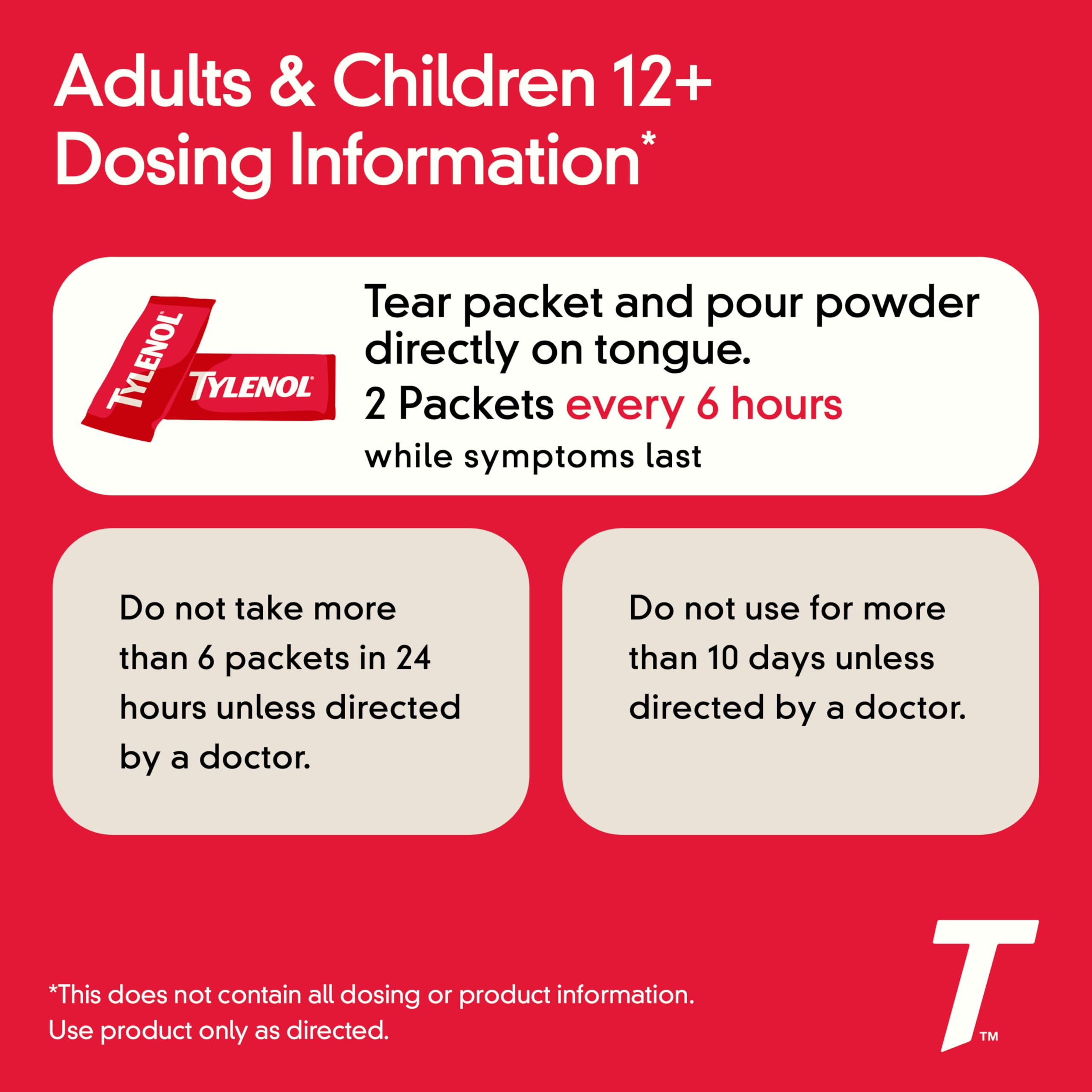 Dosage maximal de 500 mg par sachet Tylenol Dissolve Packs.