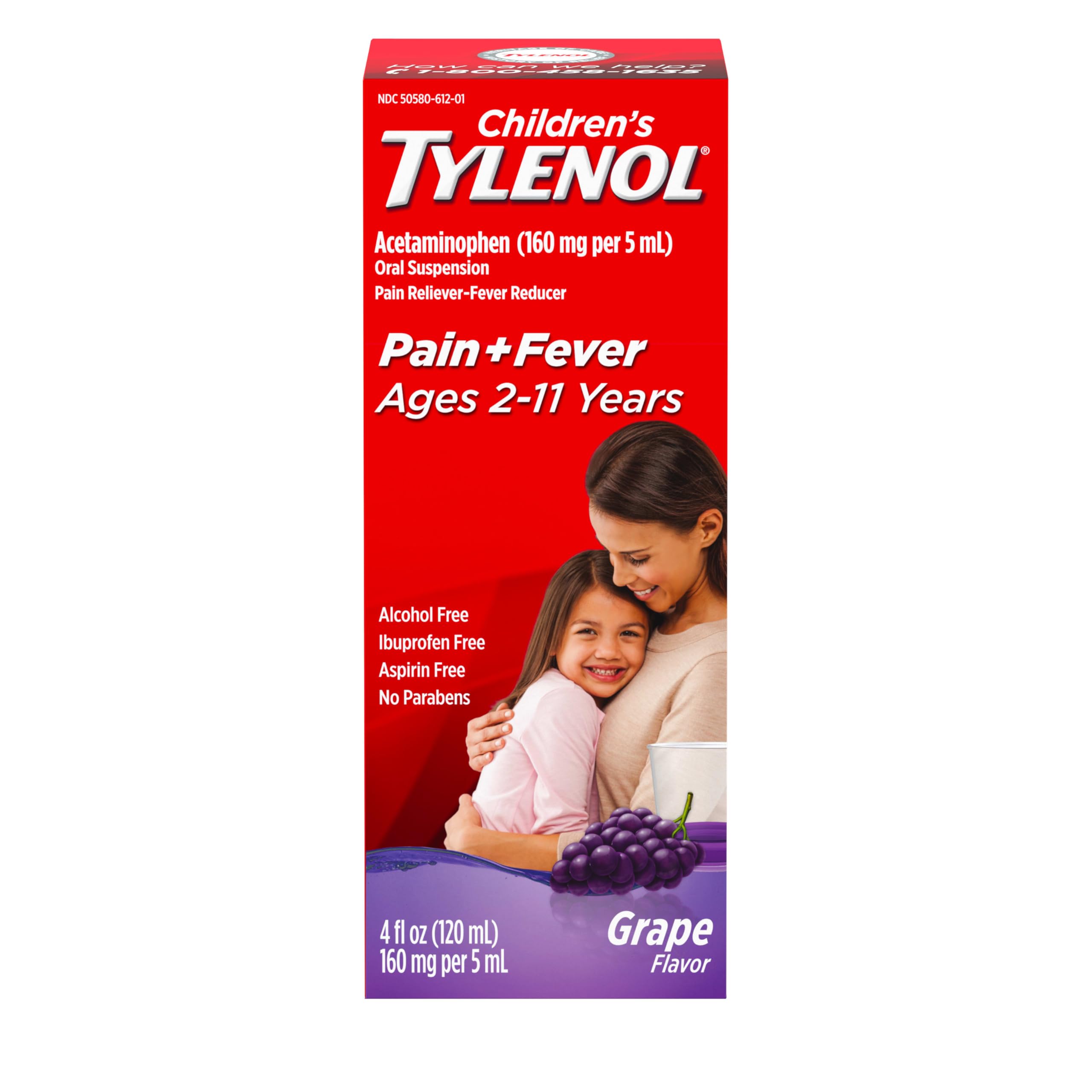 Flacon Tylenol Enfants suspension liquide goût raisin et soulagement possible.