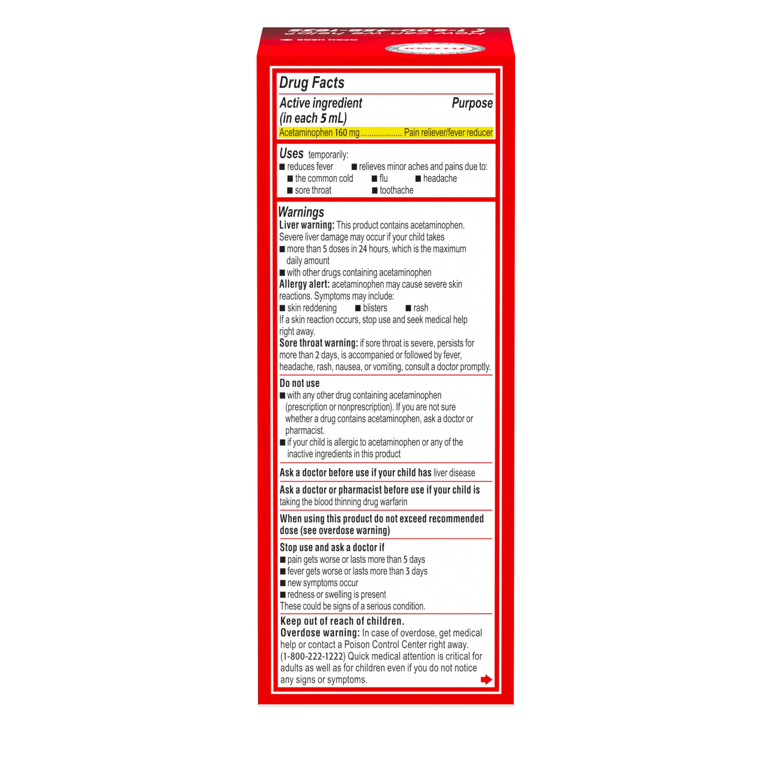 Tylenol Enfants emballage sûr, gobelet doseur officiel et informations utiles.